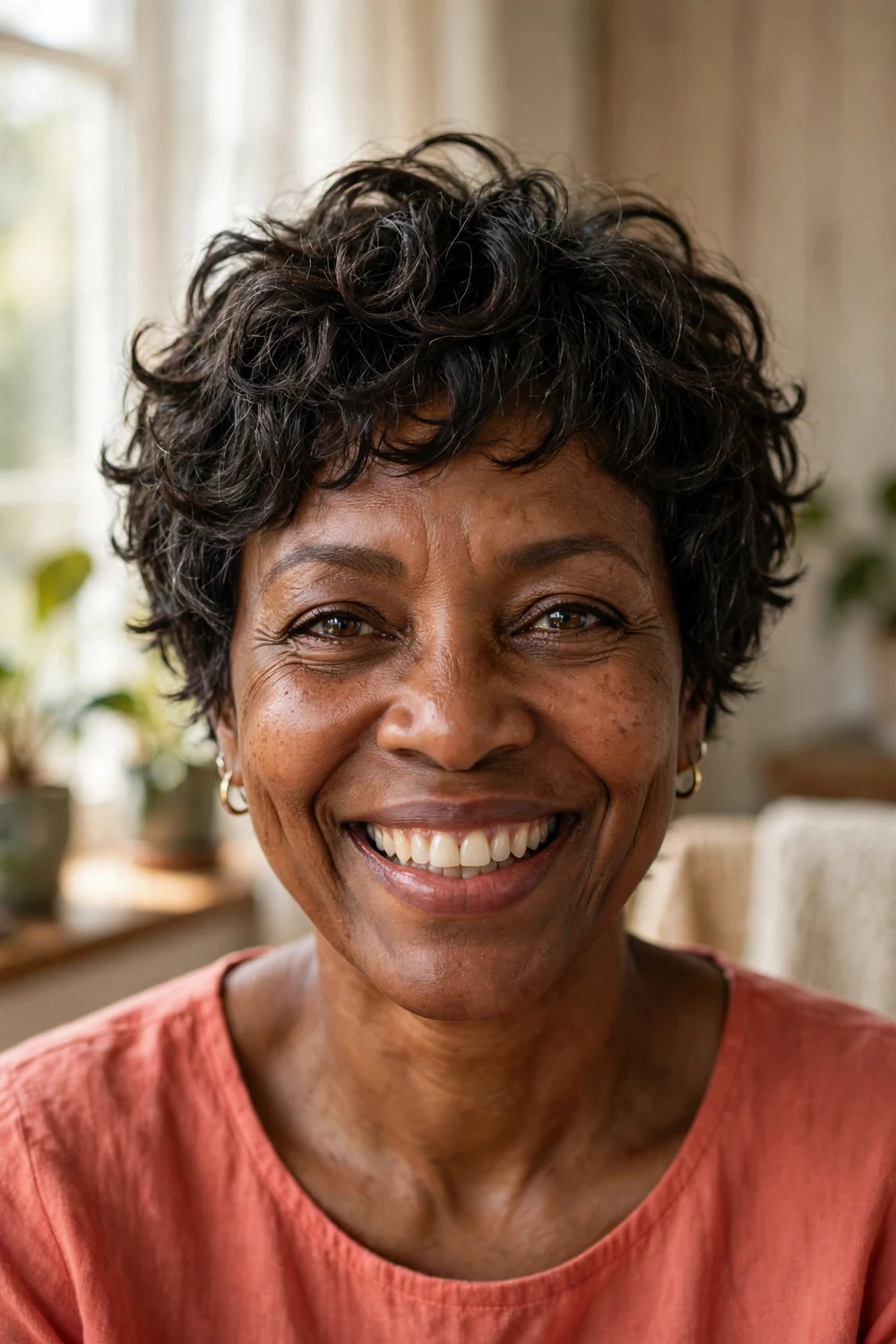 Woman over 50 with soft curly choppy pixie and defined natural curls