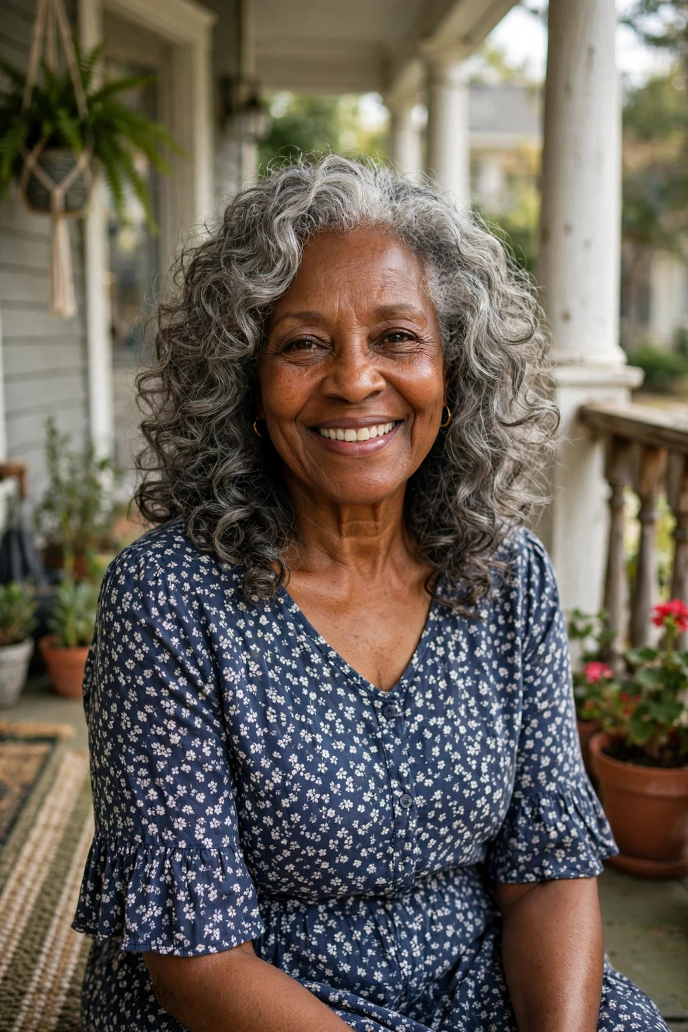 Black woman in her early 60s with a soft mid-length cut for natural gray curls on a front porch