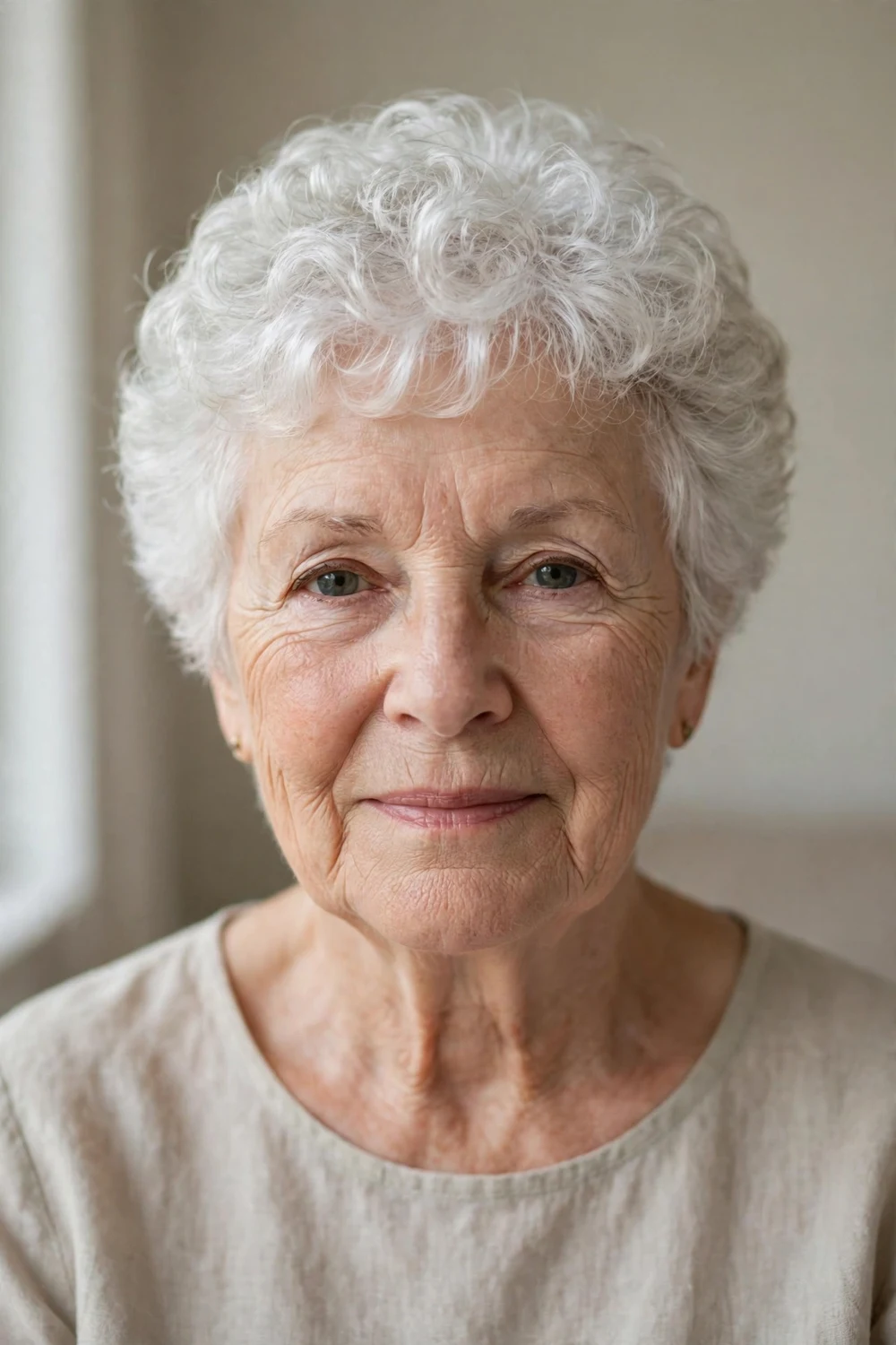 Woman over 60 with a soft white curly pixie