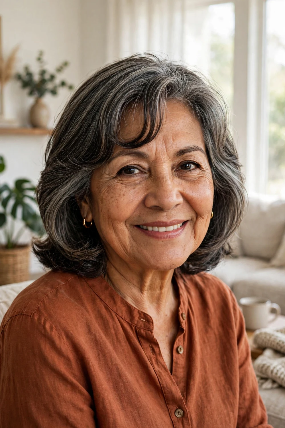 Latina woman in her mid 60s with salt-and-pepper soft curved bangs