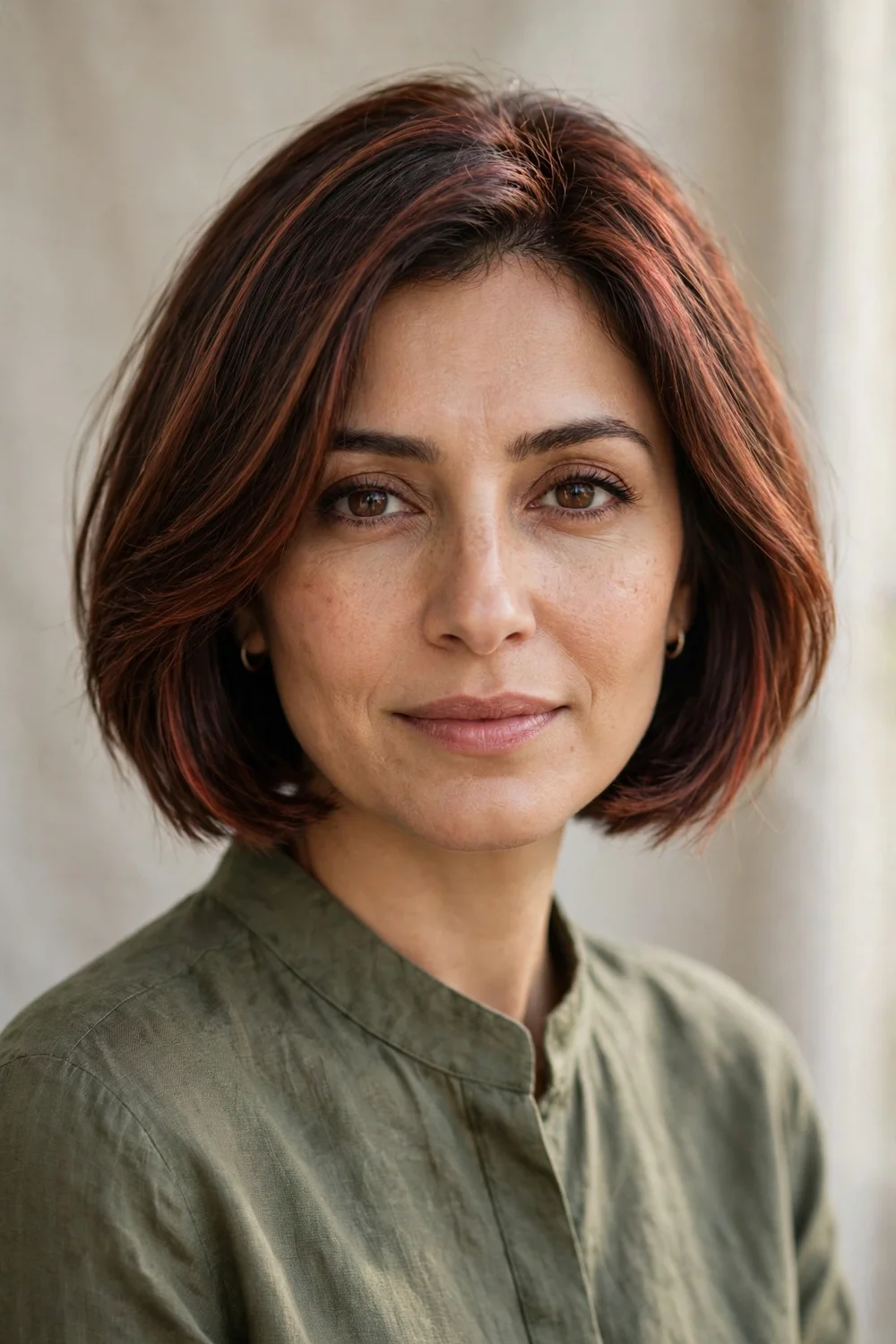 Woman with muted copper-auburn ember highlights on brown hair, natural daylight