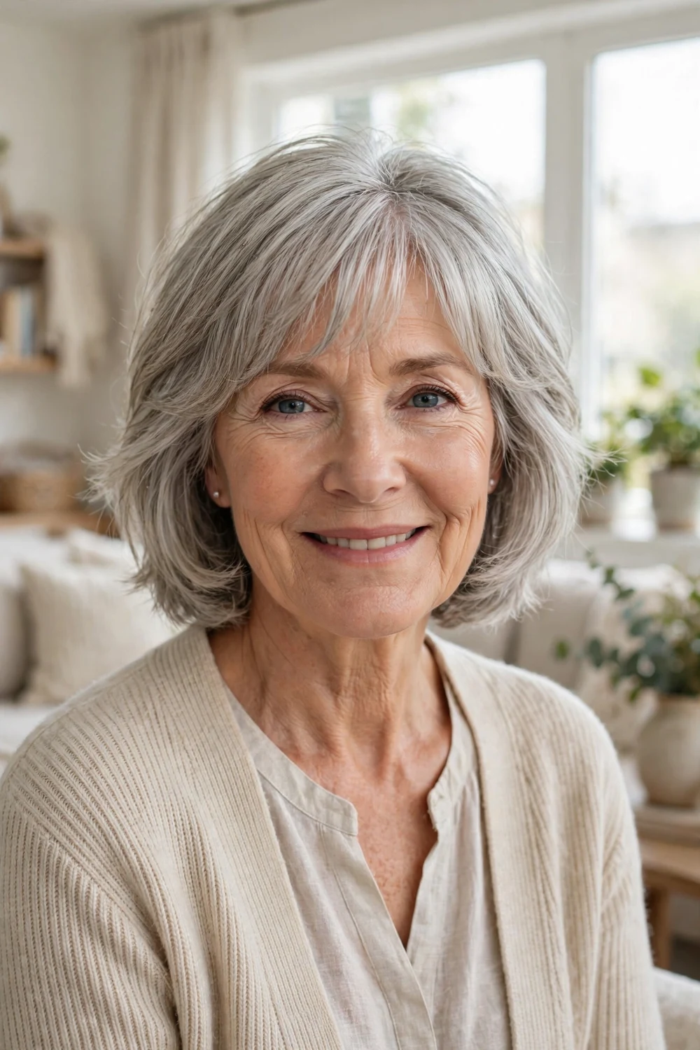 Caucasian woman in her mid 60s with silver soft feathered bangs and a layered bob