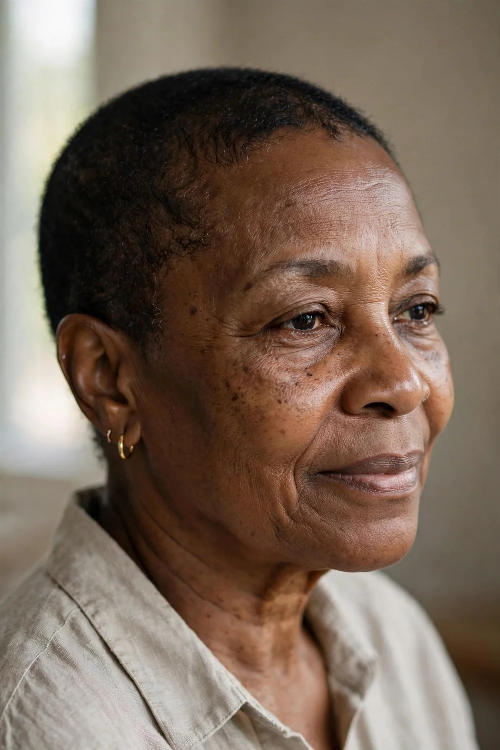 Older Black woman with a soft feathered buzz cut and gentle hairline