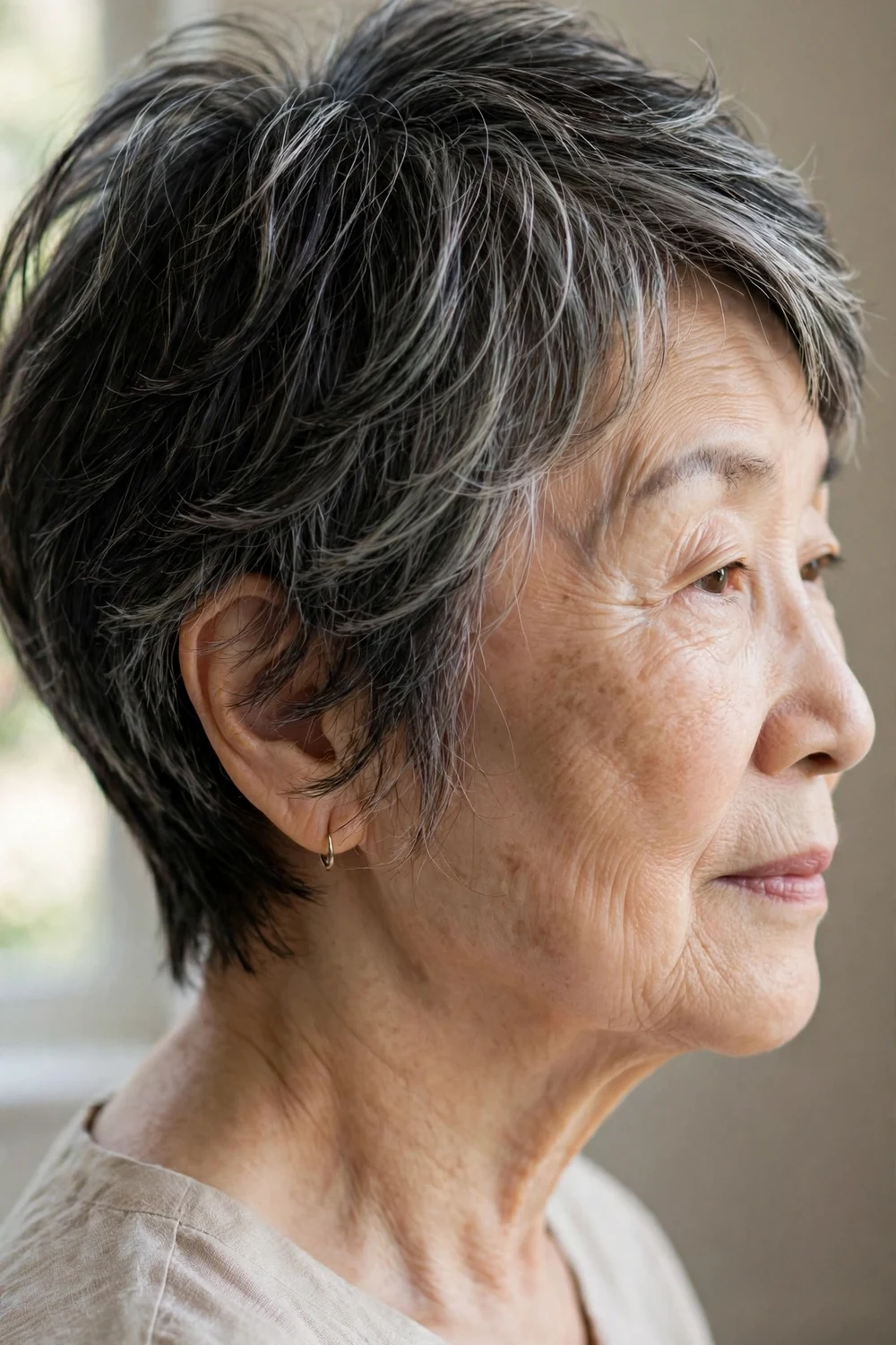 Woman over 60 with soft feathered pixie cut with wispy layers framing the face