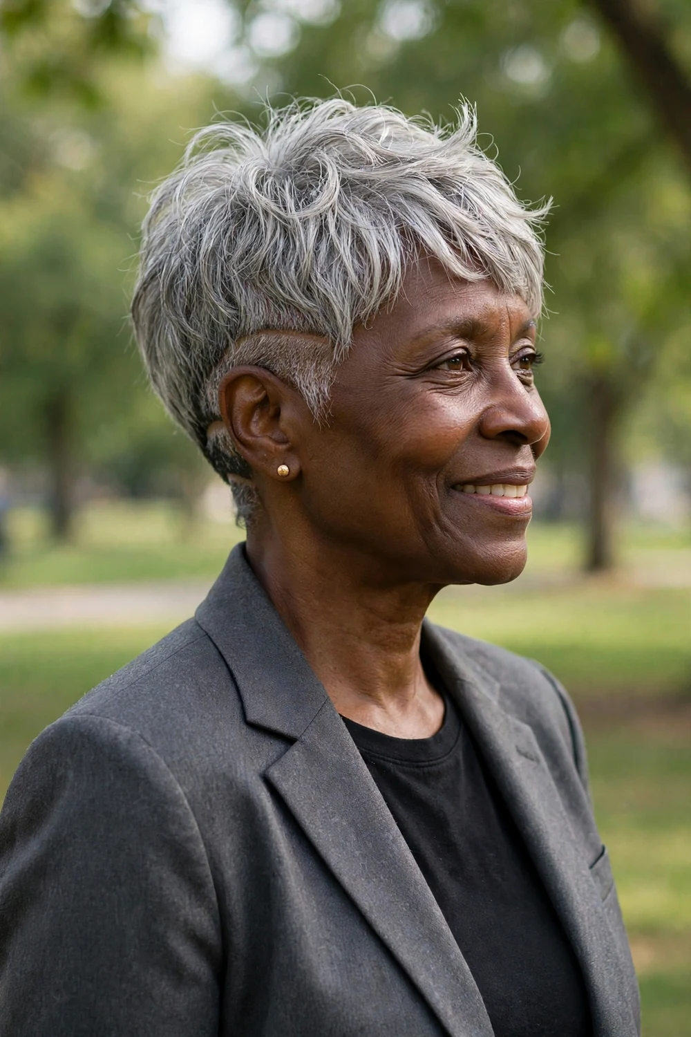 Black woman in her mid 60s with a soft feathered gray pixie and a shaved undercut at the nape
