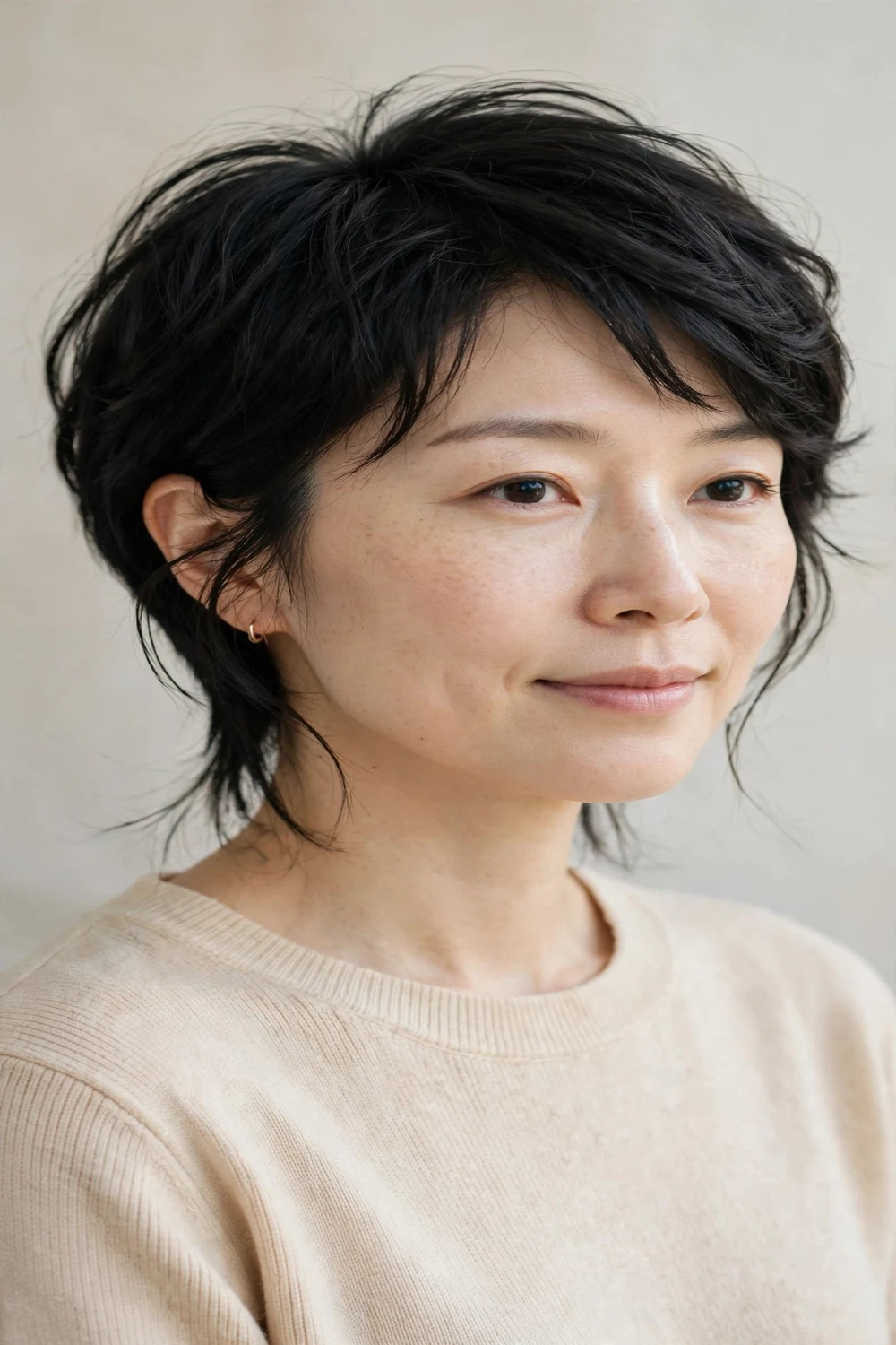 Woman with a soft feminine pixie cut, gentle tapered shape