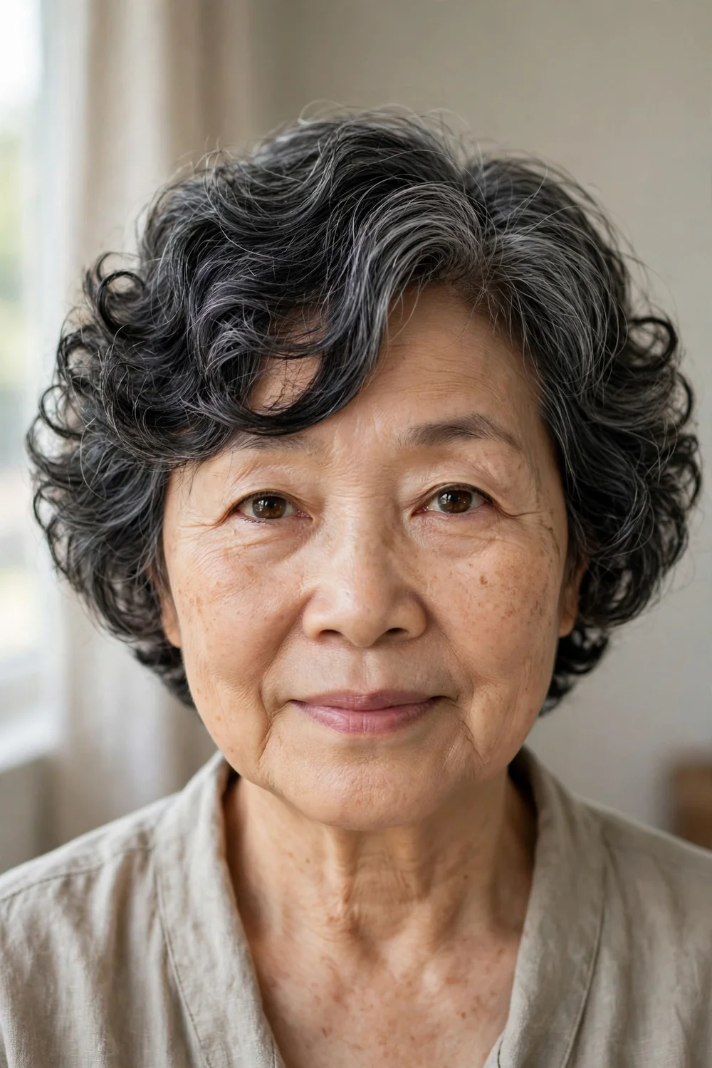Older woman with soft highlights woven through curls