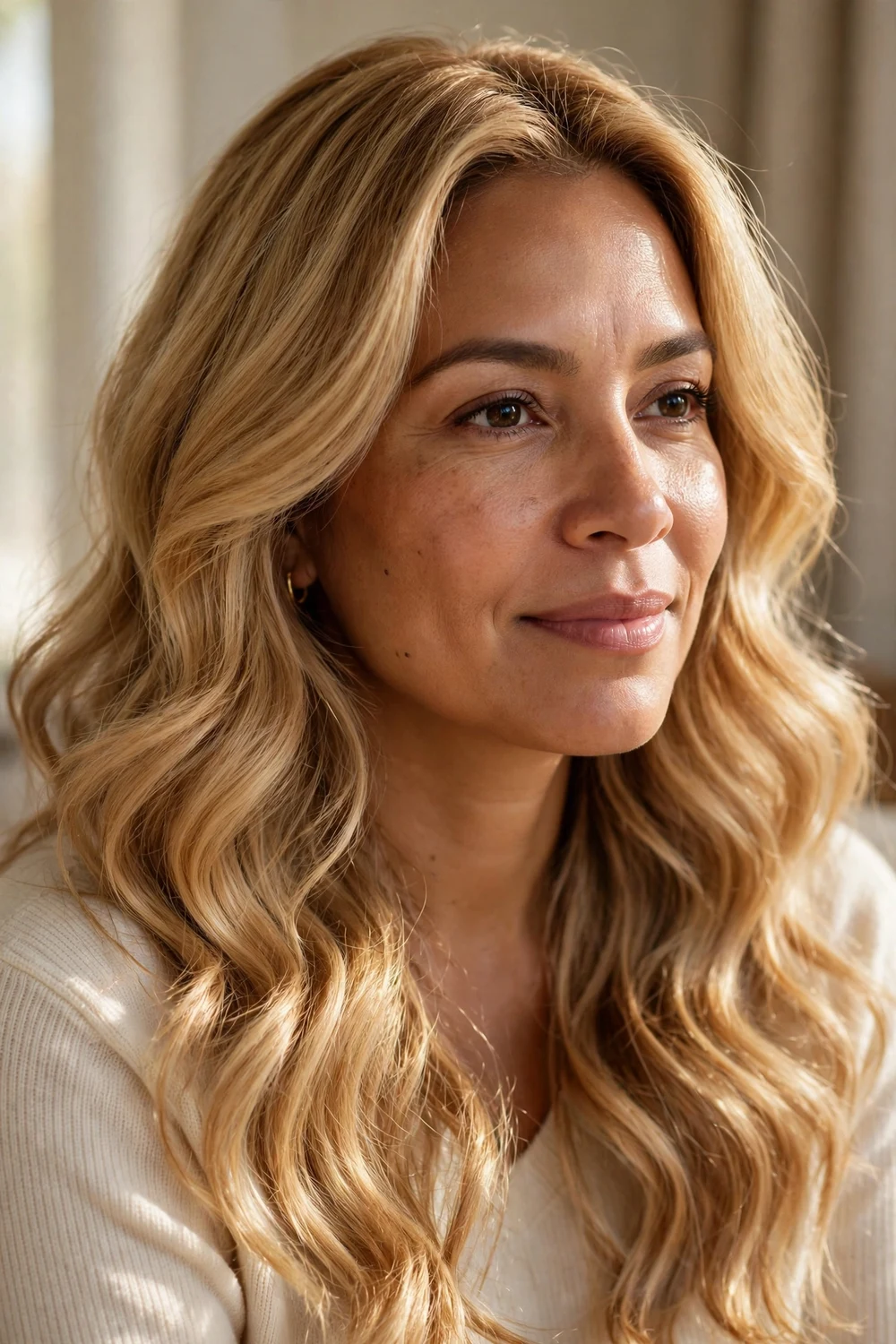 Soft honey blonde long hair styled in loose warm waves