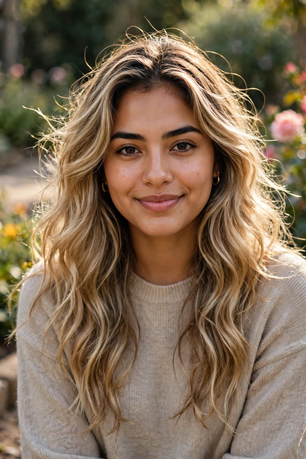 Young Latina woman with long wavy dirty blonde hair lifted by soft honey blonde highlights