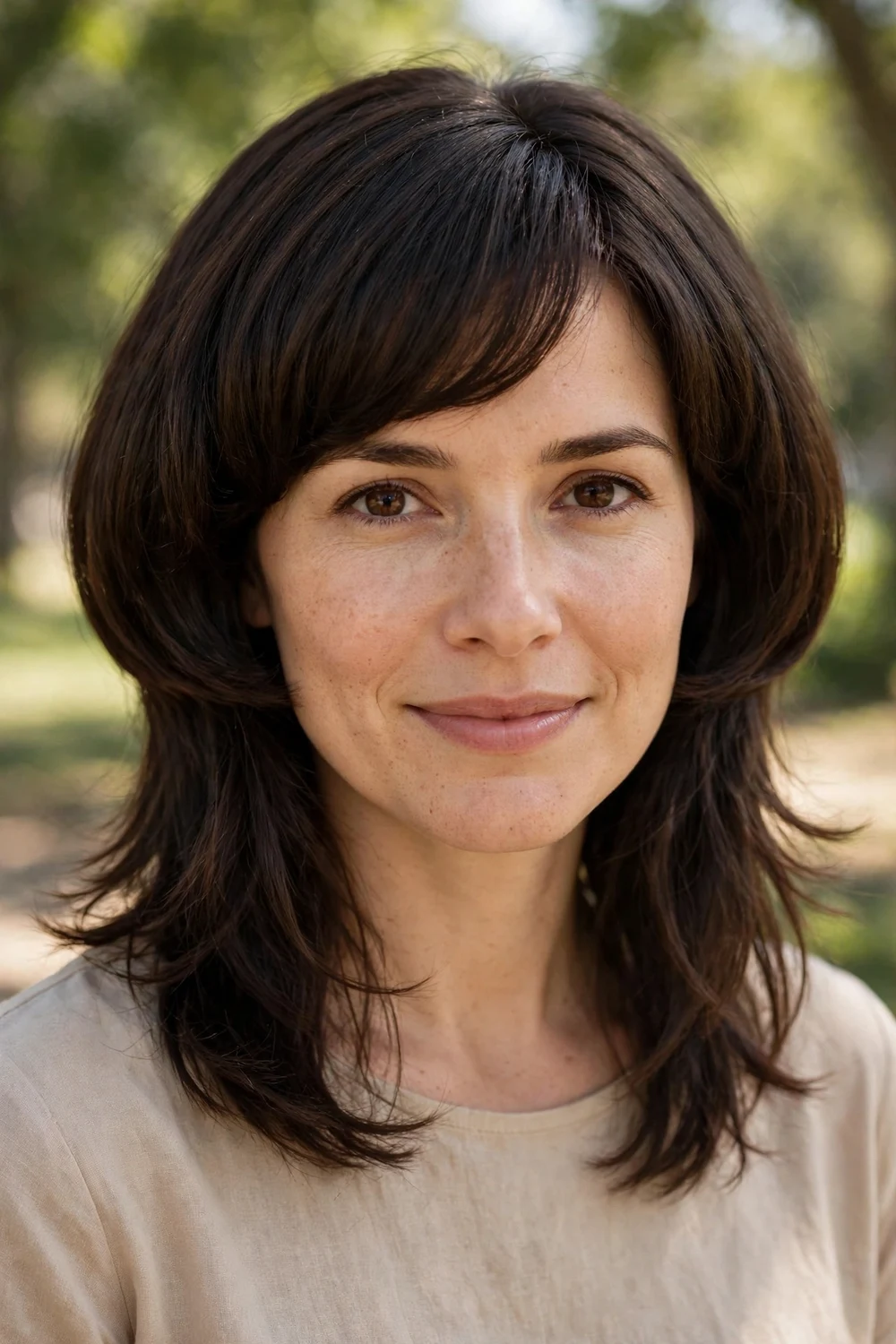 Woman with a soft subtle jellyfish haircut with blended layers