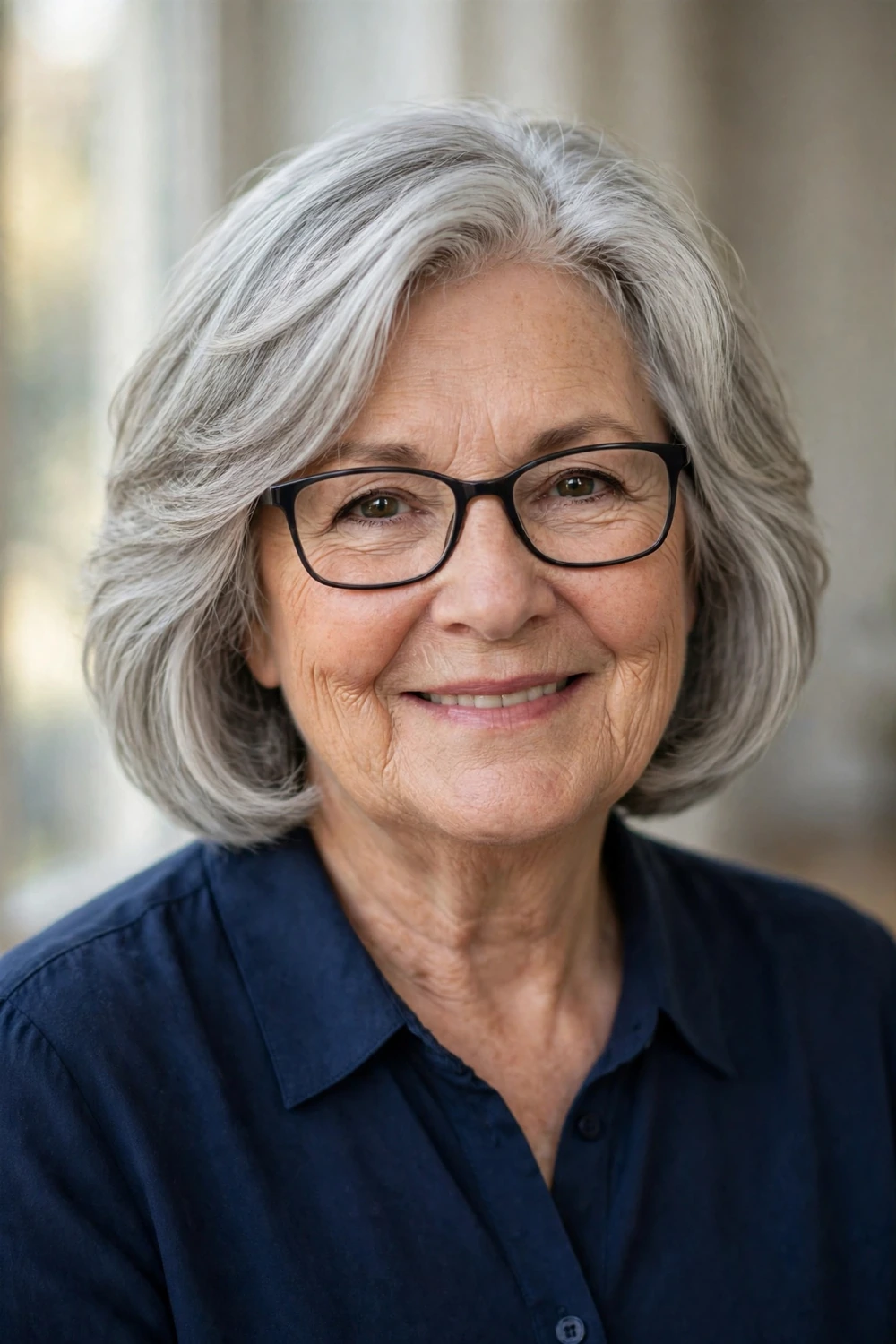 Soft layered bob on a woman over 60 wearing glasses