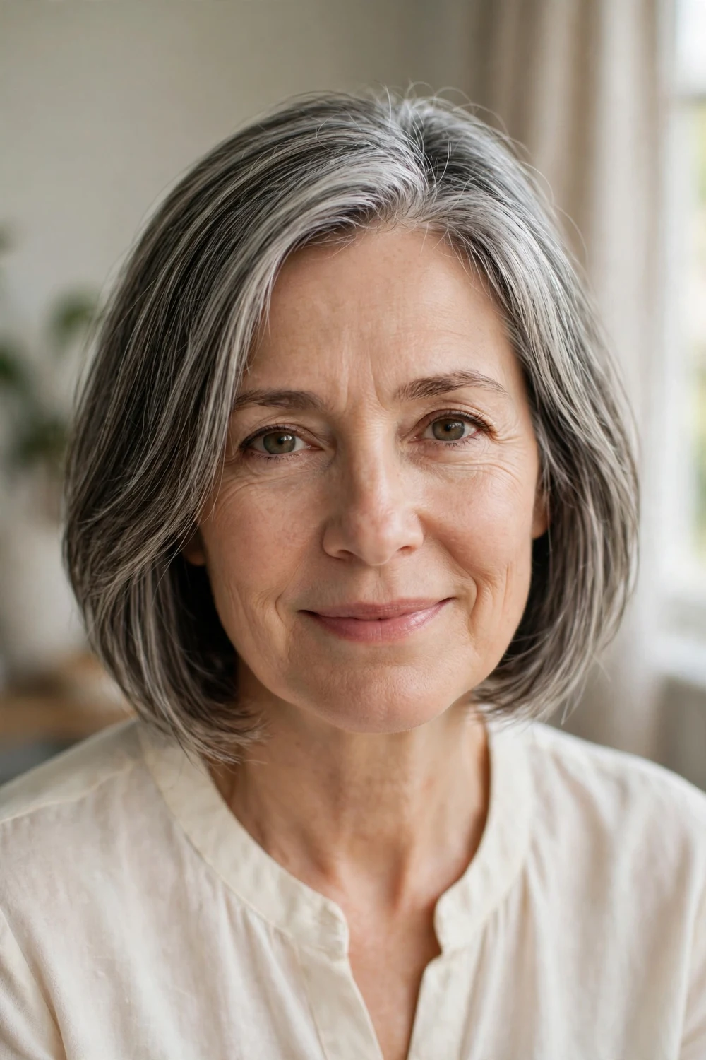Caucasian woman in her mid-50s with fine straight salt-and-pepper hair in a soft layered bob