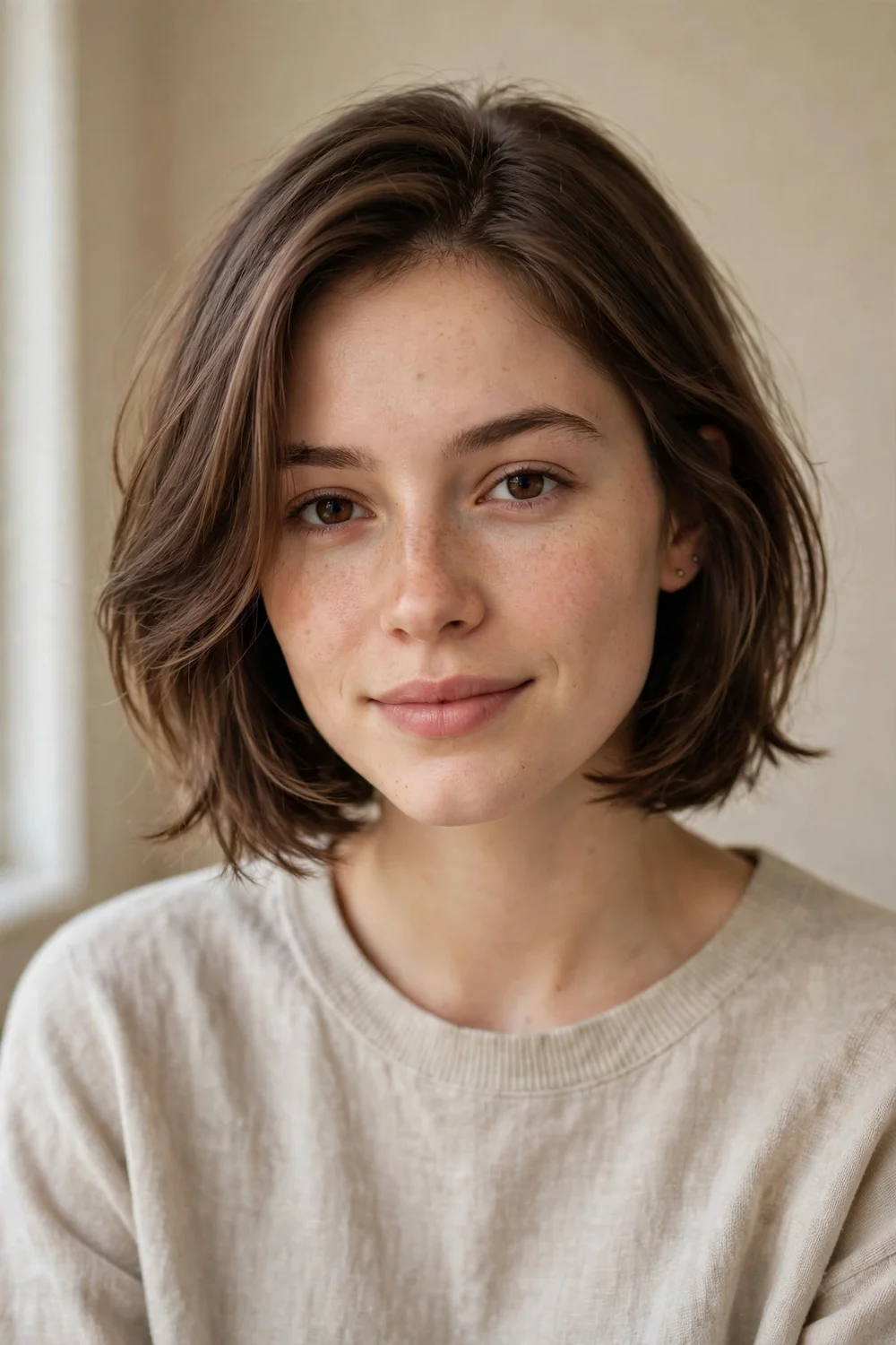 Woman with a soft layered bob haircut on fine thin hair