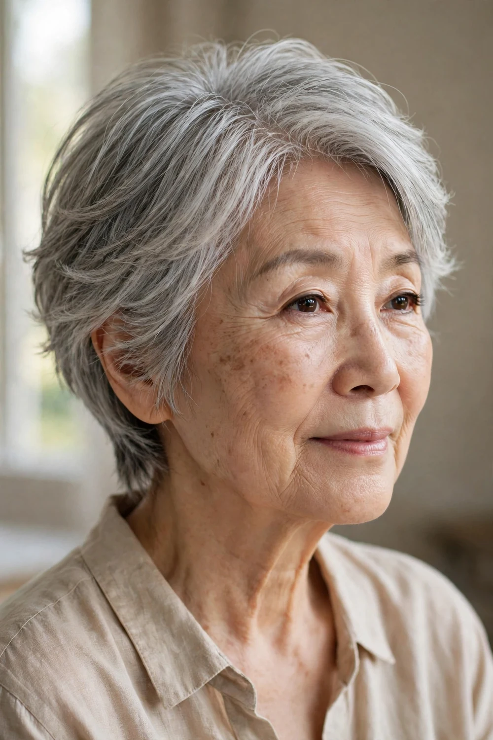 Woman over 50 with a soft layered crop haircut