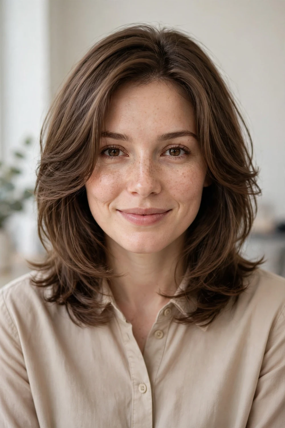 Woman with a soft layered kitty cut featuring smooth medium-length brown hair, gentle face-framing layers, and natural polished movement.