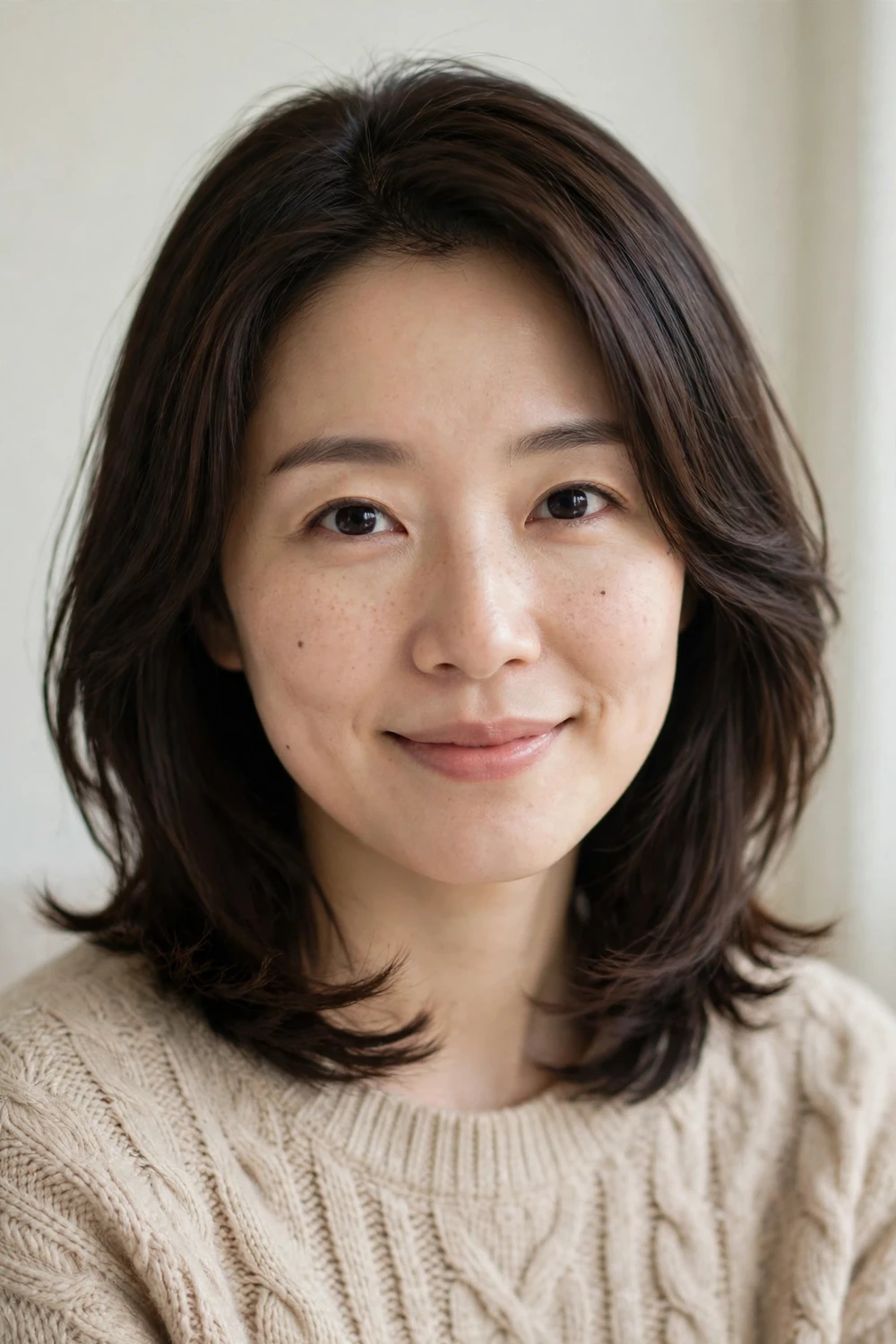 Woman with an oval face wearing a soft layered lob haircut at collarbone length