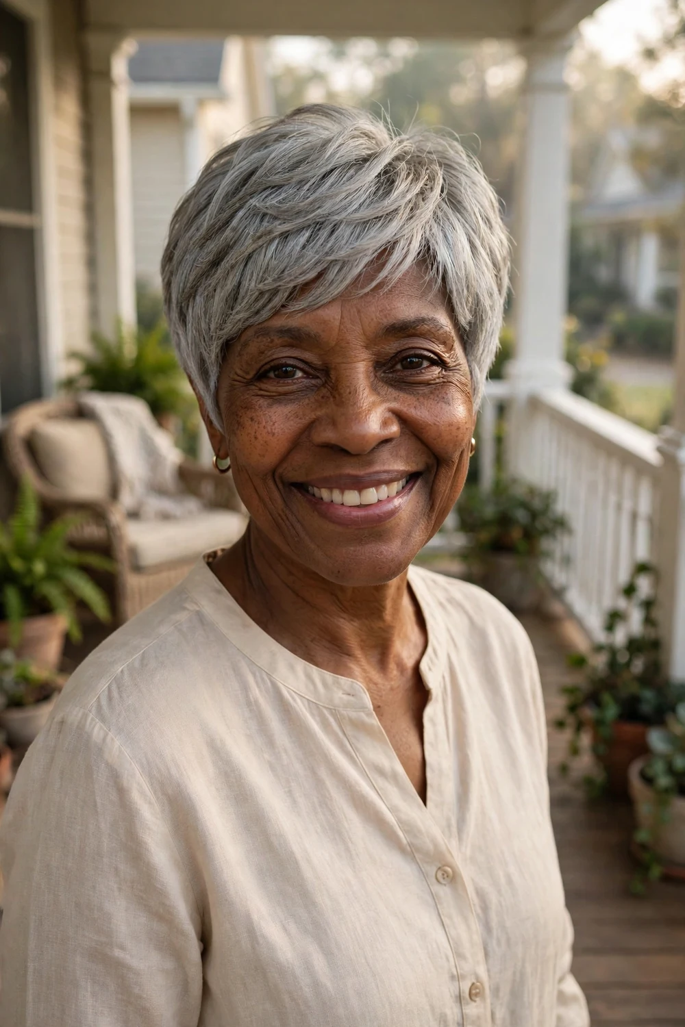 Black woman in her early 60s with a soft layered silver-gray pixie cut on a front porch