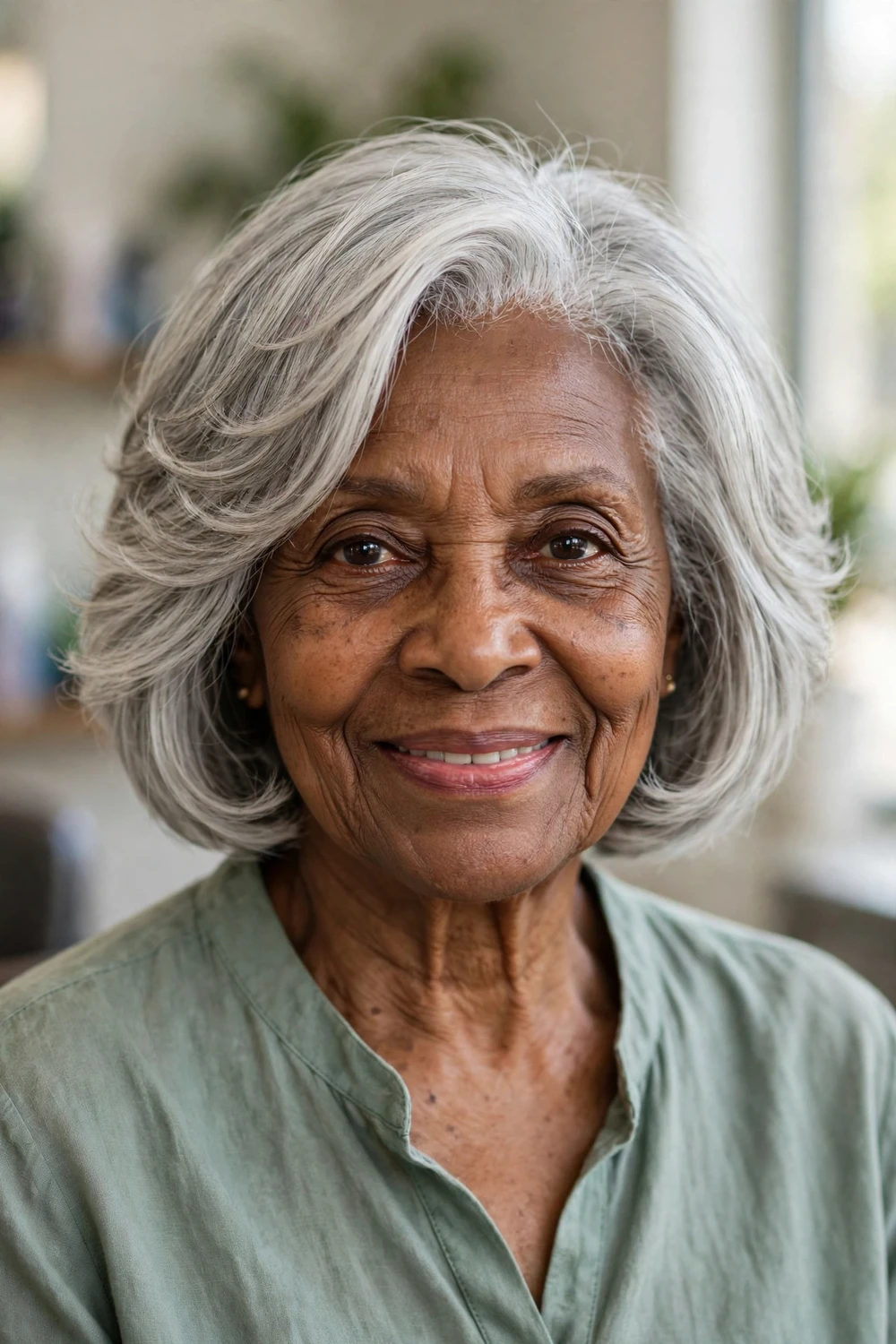 Mature woman with soft-layered silver bob