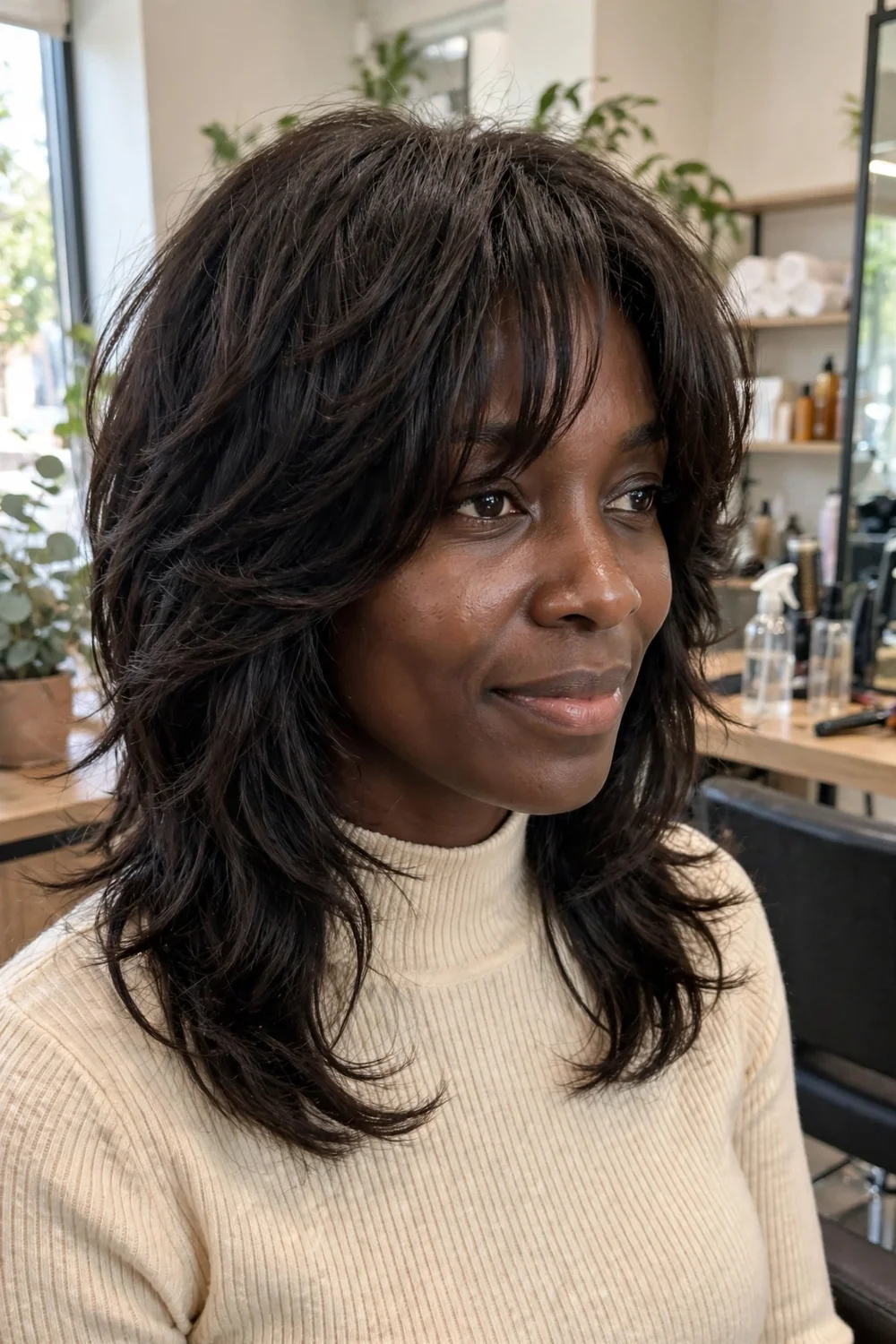 Soft layered wolf cut hairstyle with feathered layers and curtain bangs