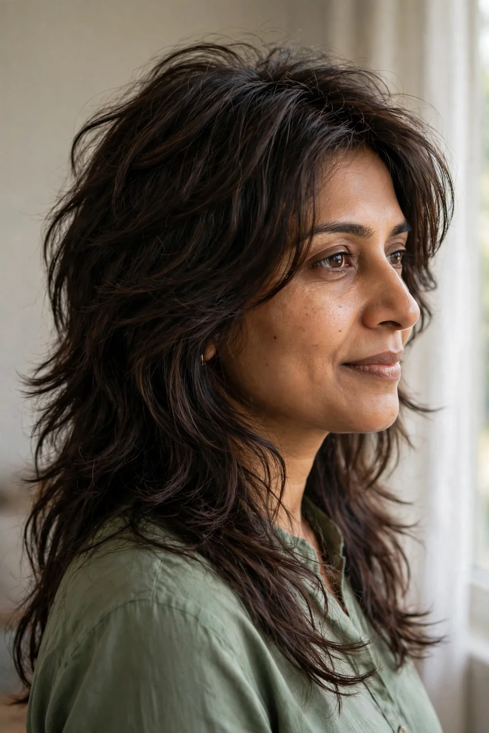 Soft layered wolf cut with blended shaggy layers on long dark brown hair