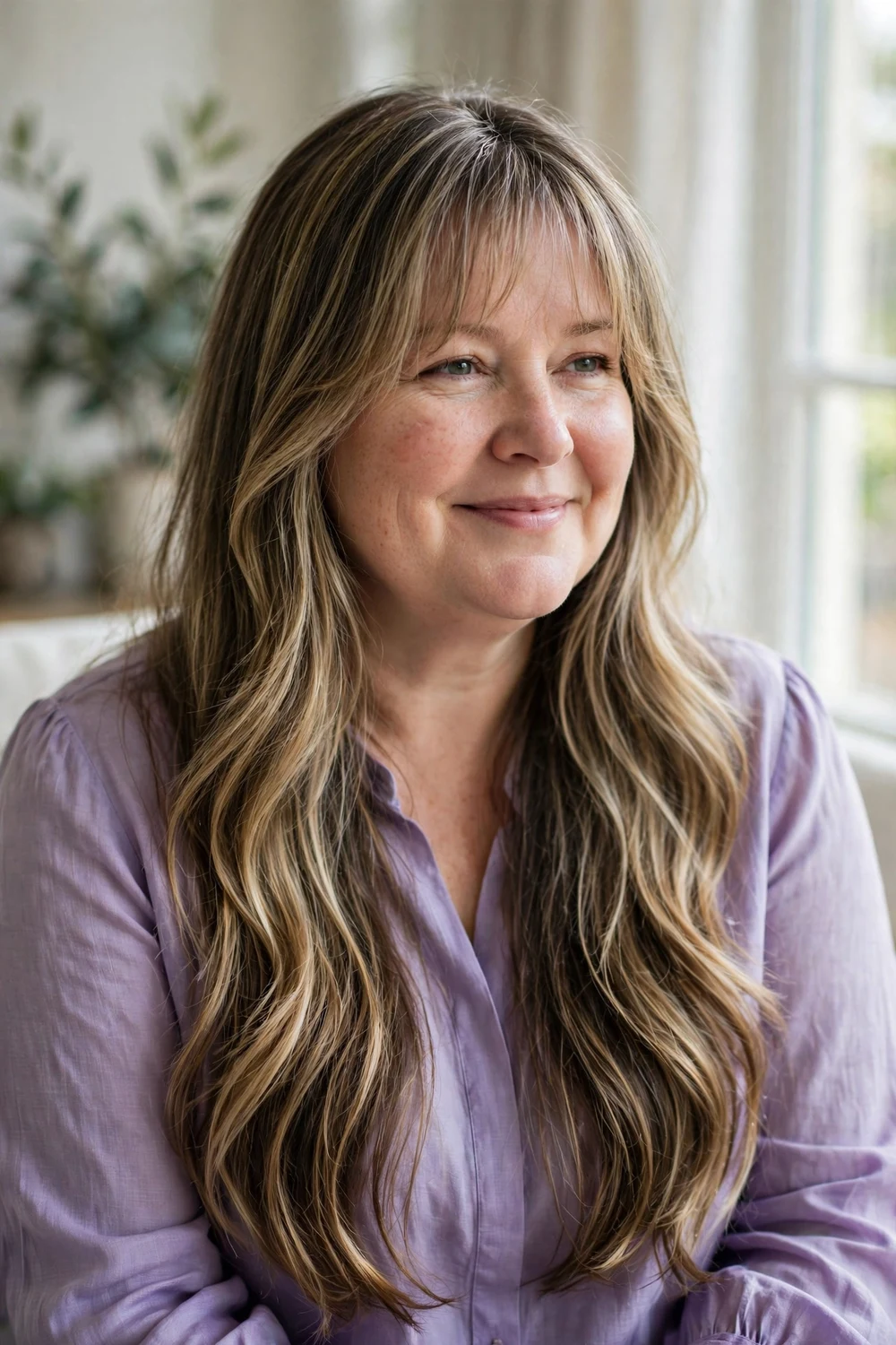 Woman with a round face and long dark-blonde hair in soft layers with a long wispy see-through fringe