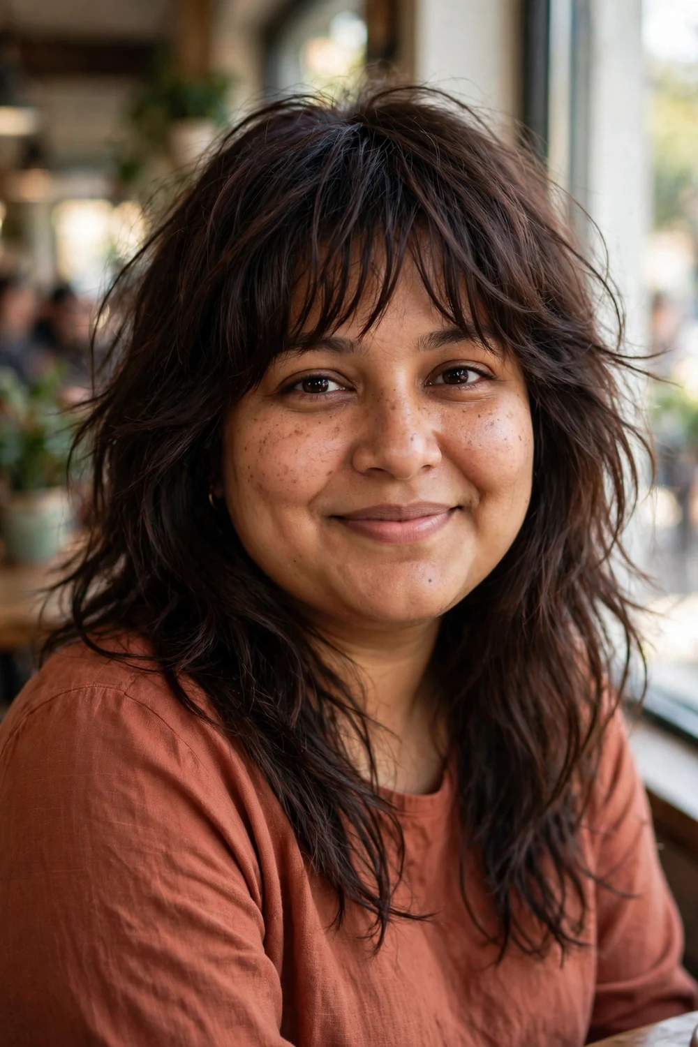 Woman with a round face and a soft long shag haircut in chocolate-brown hair with wispy textured bangs