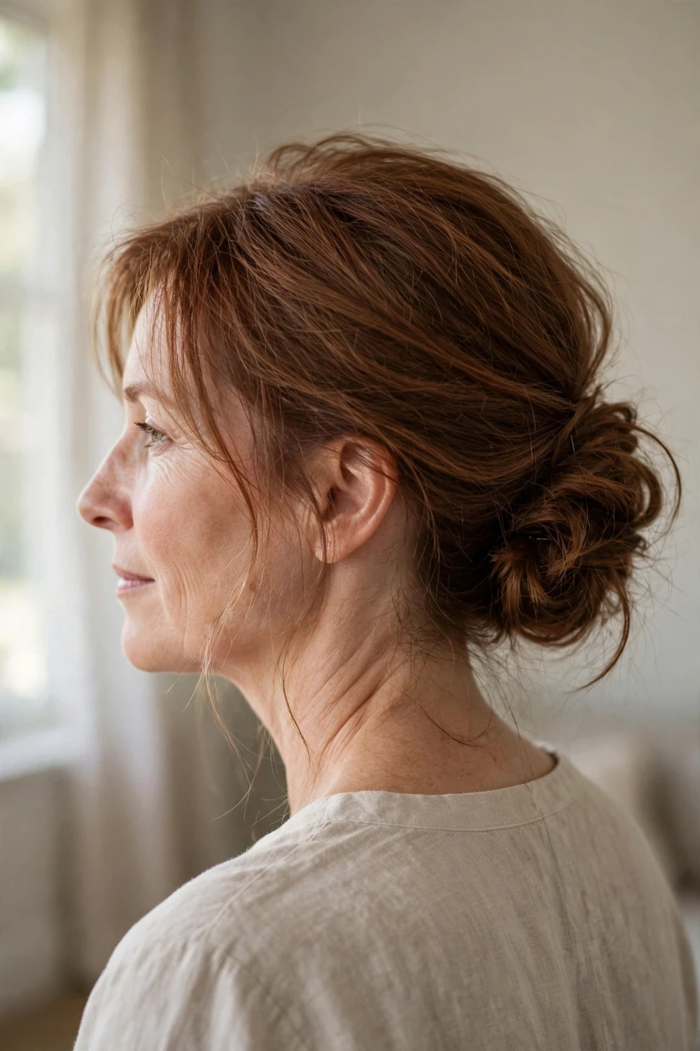 Soft low chignon church hairstyle for fine hair