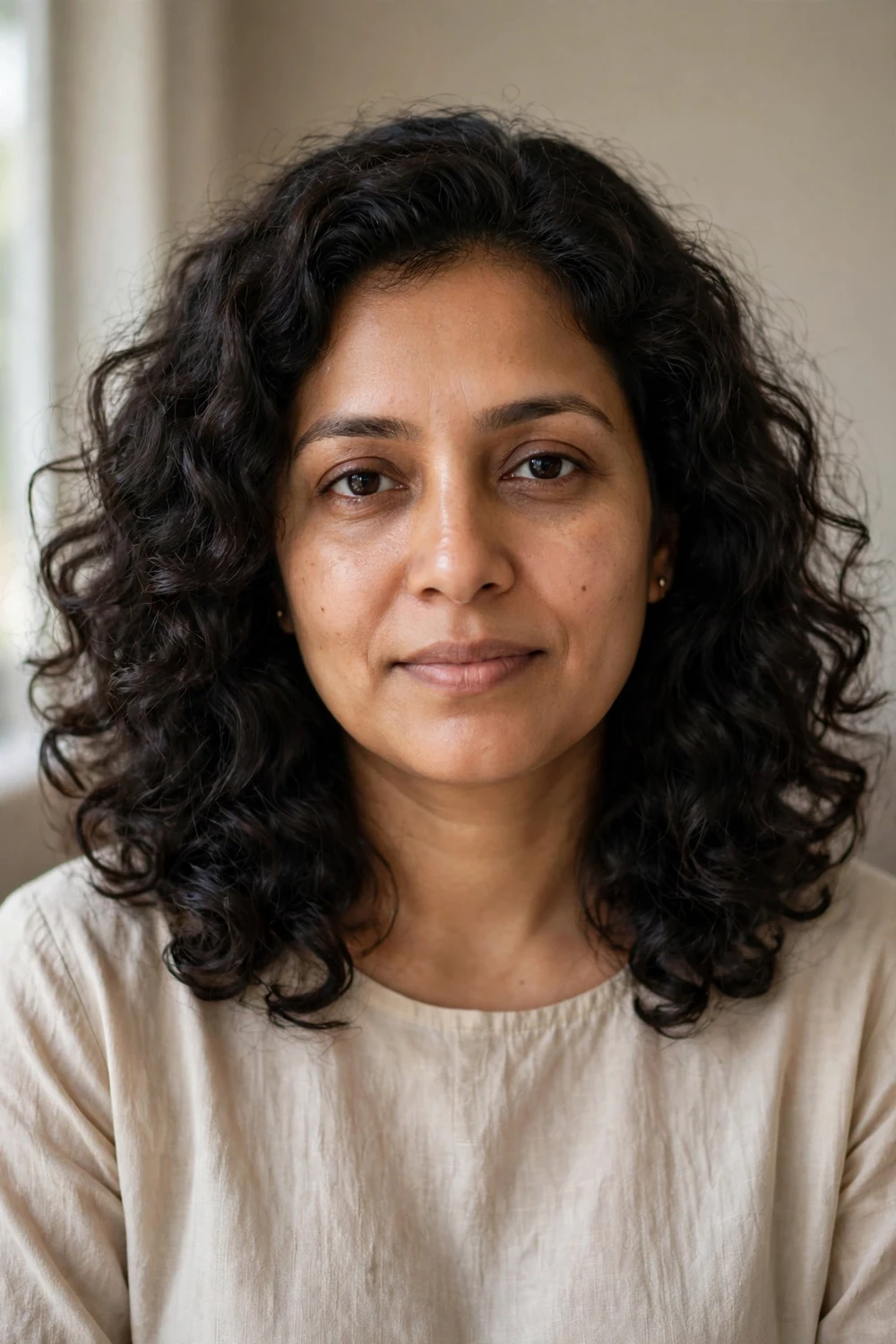 Woman with soft mid-length thick curly hair