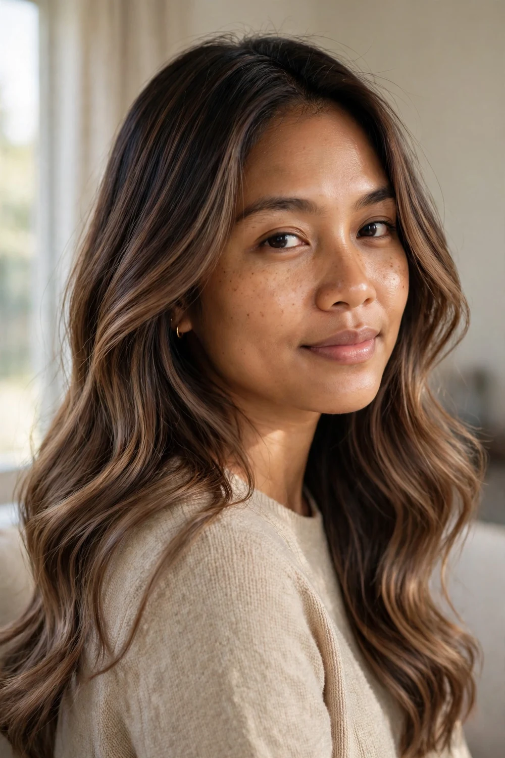 Soft mocha balayage with deep brown roots fading into warm mocha ends