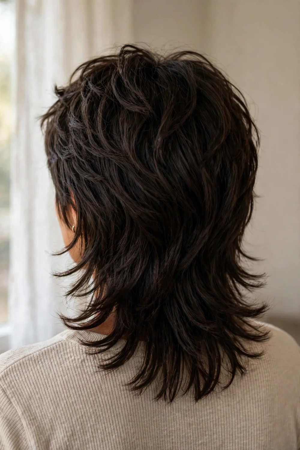 Soft mullet wolf cut with balanced retro-modern layers on dark brunette hair
