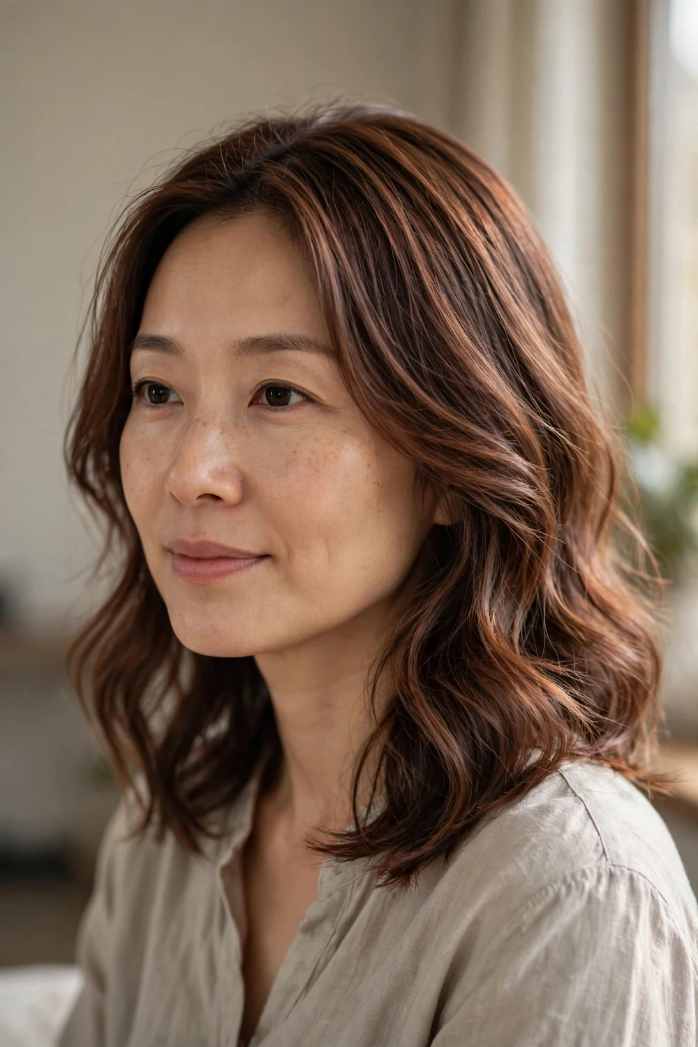 Medium-length wavy hair in soft muted cinnamon brunette