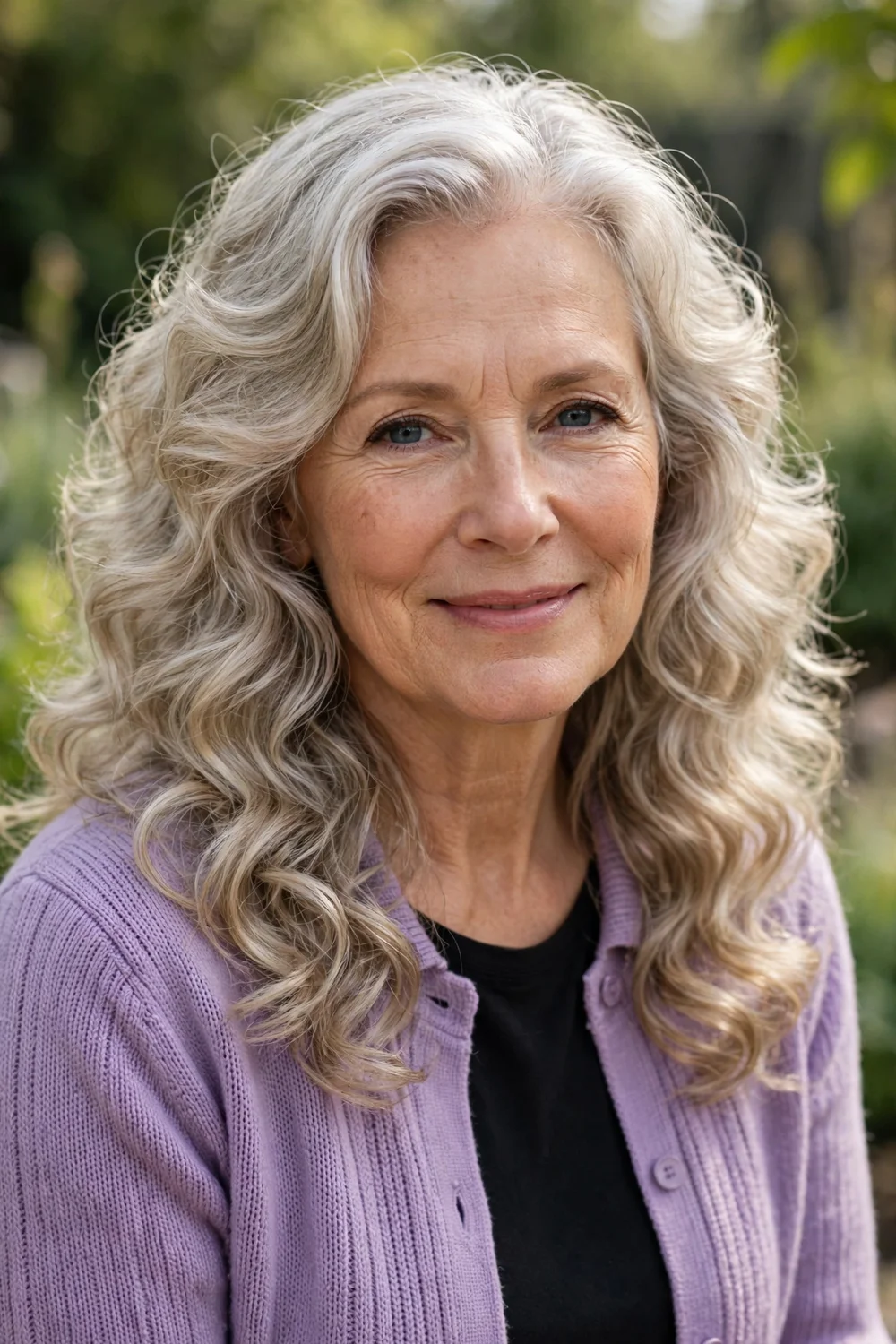 Woman in her mid 60s with silver-blonde hair in soft large permed waves