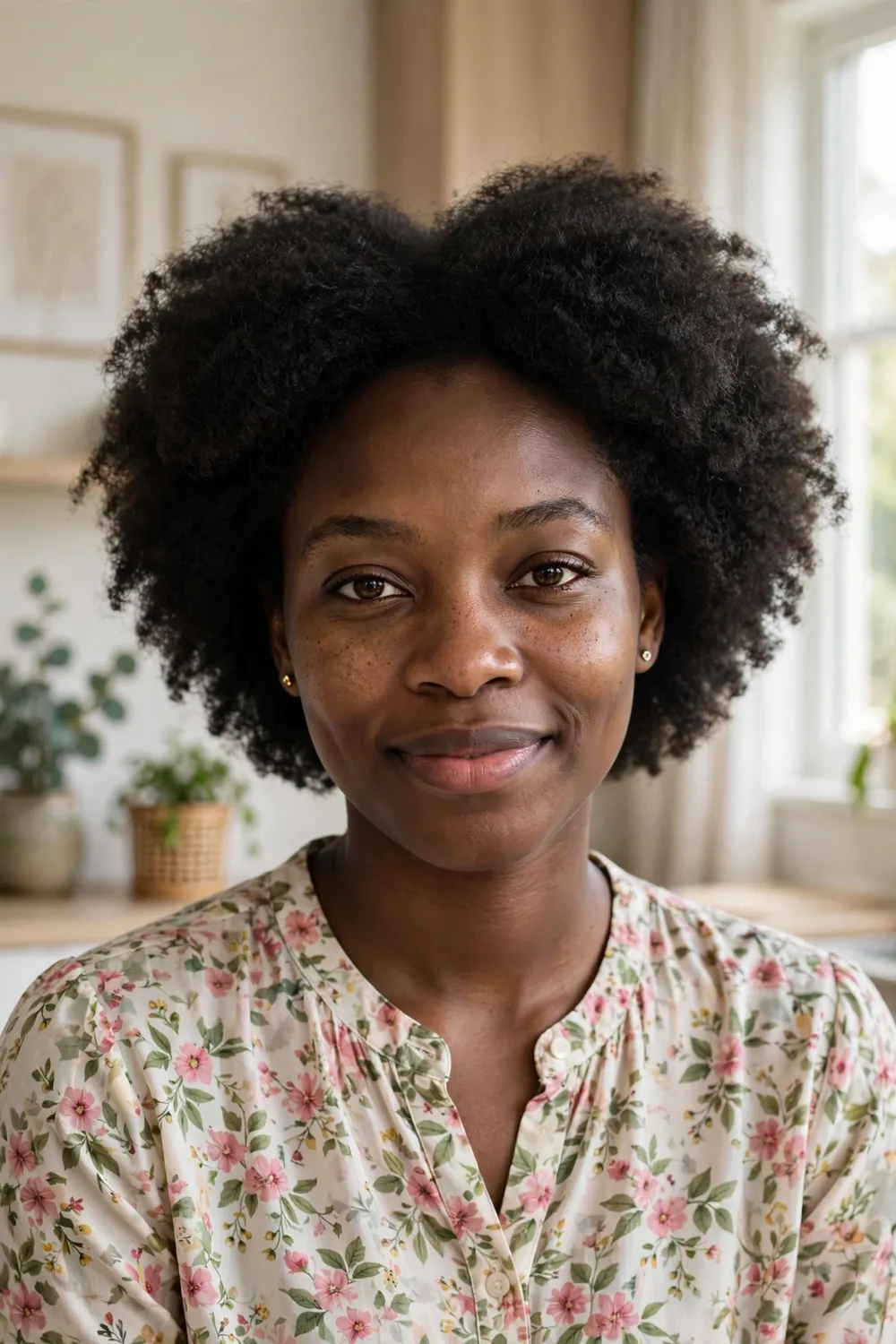 Black woman with a soft rounded afro framing her face
