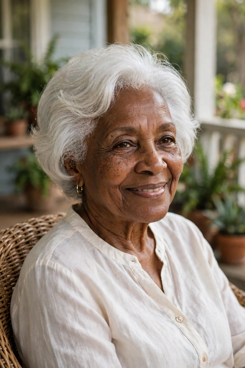 Black woman in her early 70s with a soft rounded white crop with light feathering on a porch chair