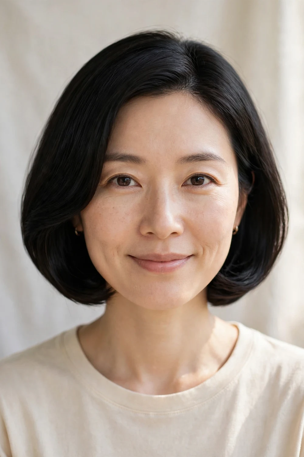 Woman with a soft rounded layered bob, smooth curved shape