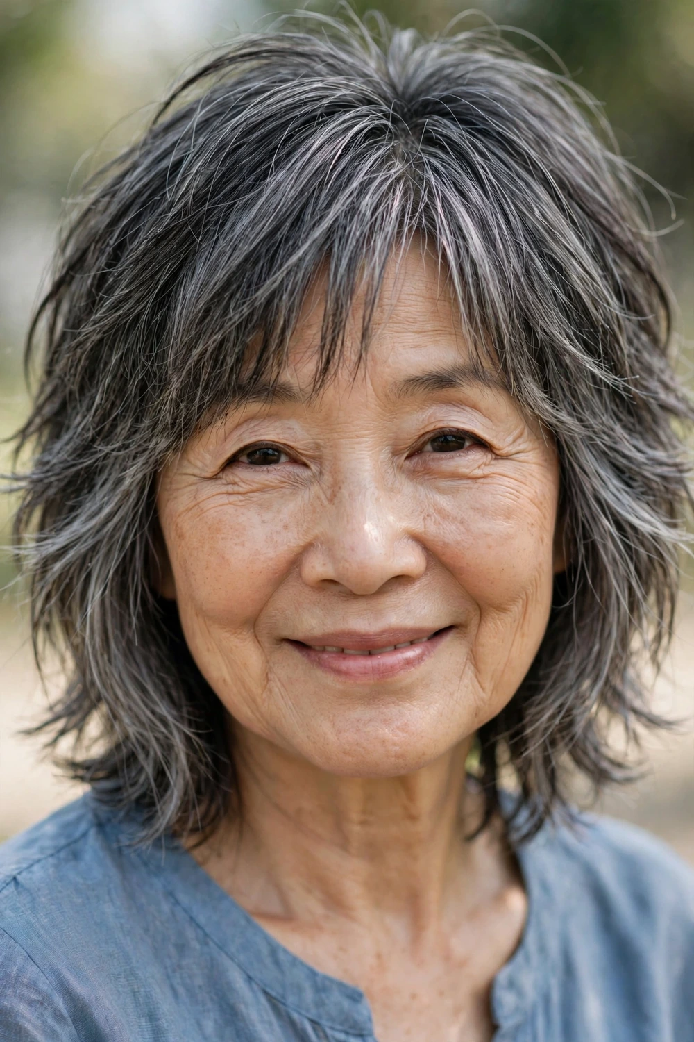 61-year-old Black woman with dark brown shoulder-length soft shag haircut