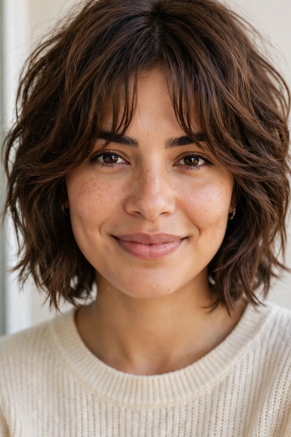 Woman with a soft shag cut and curtain fringe