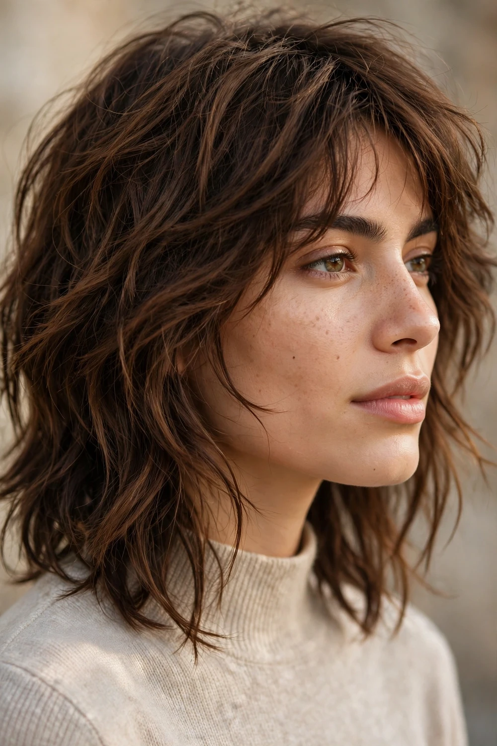 Soft shag haircut with airy texture on a woman with a square face