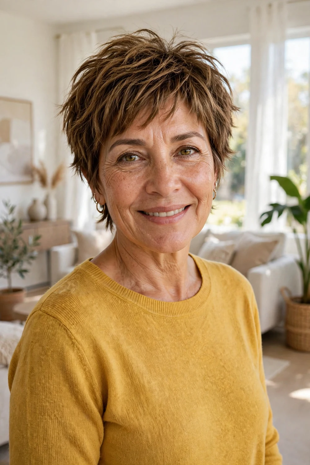 Woman over 50 with soft shaggy pixie and choppy ends with highlights