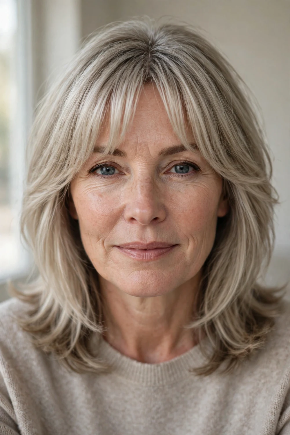 Soft shoulder-length layers with softly textured curtain bangs on fine hair