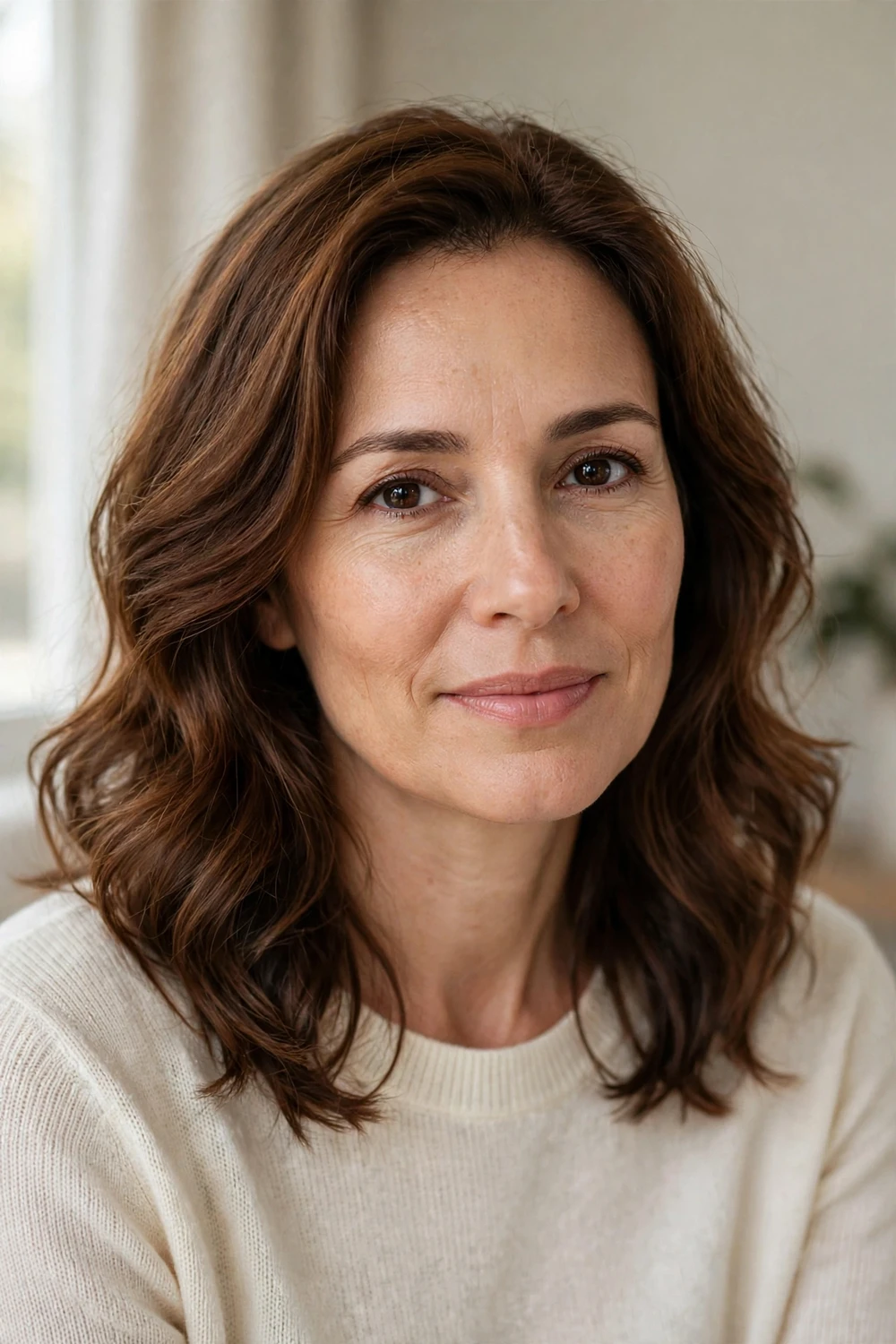 Woman in her late 40s with light olive skin and soft shoulder-length chestnut-brown waves