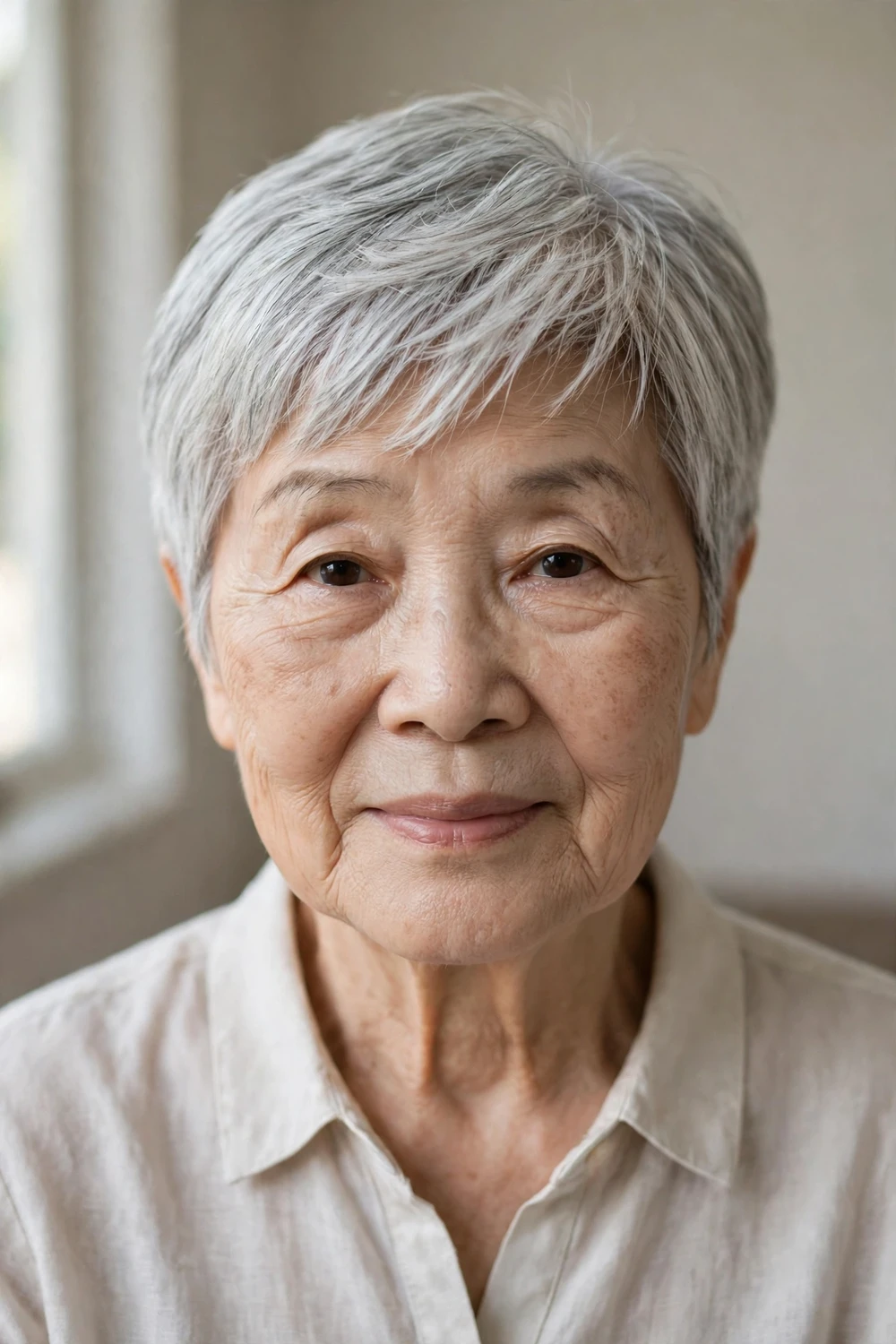 Soft side-swept pixie haircut with fringe on an older woman