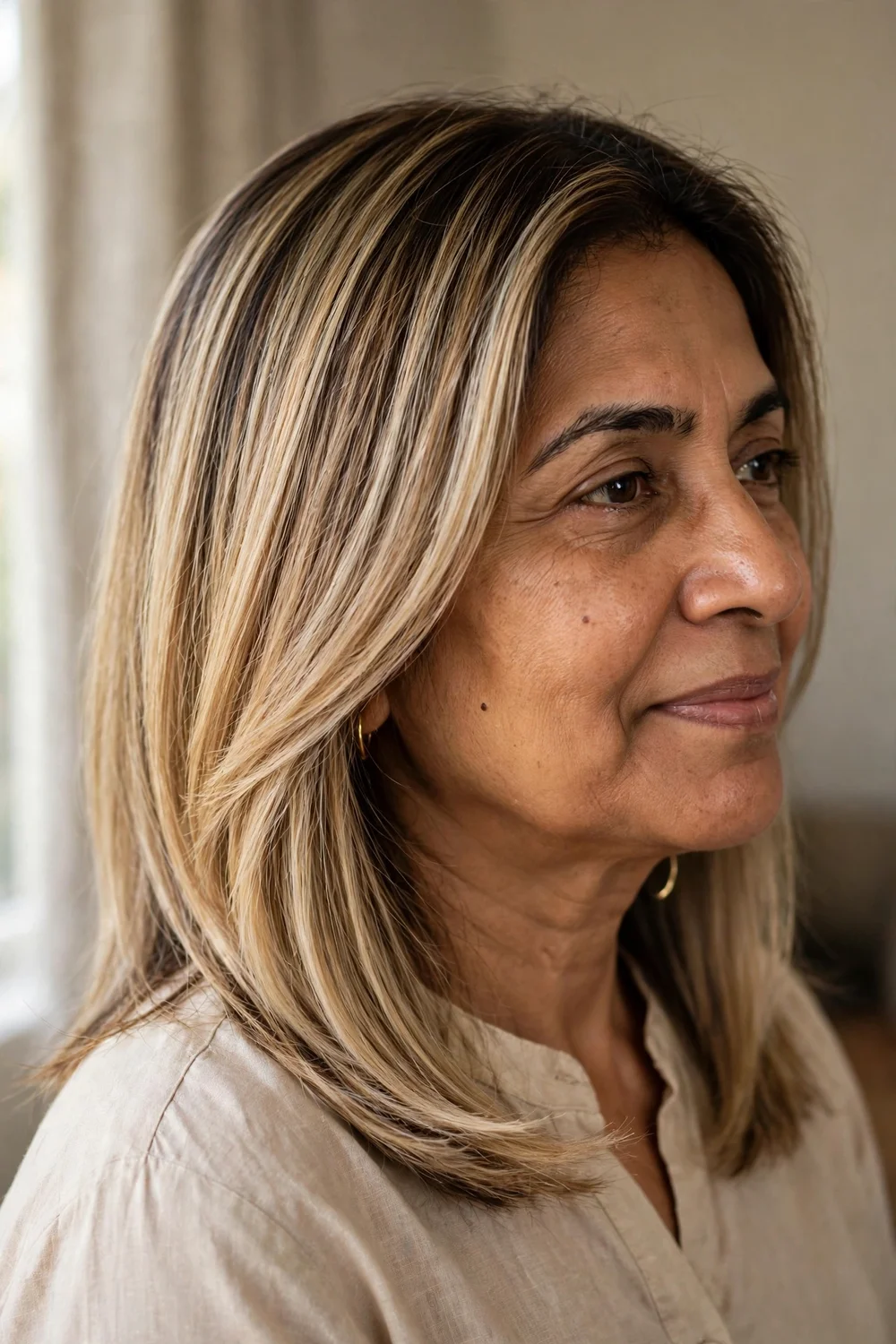 Woman with soft subtle seamless blonde balayage on shoulder-length hair