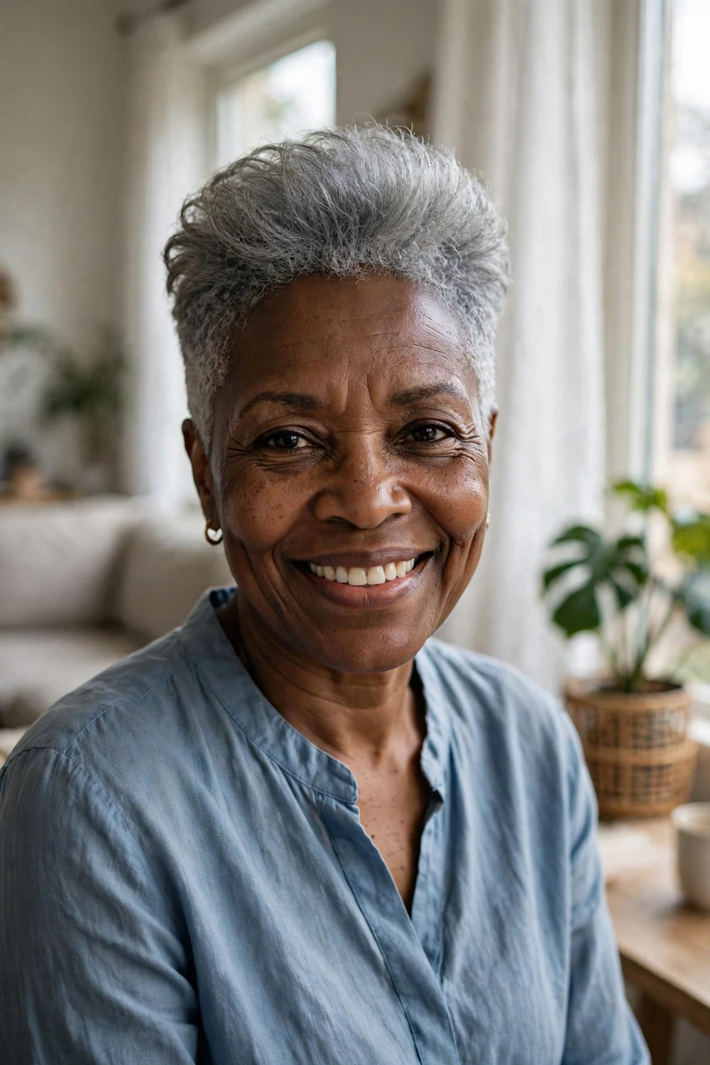 Black woman in her mid 60s with a soft textured gray crop with a lifted crown by a living room window