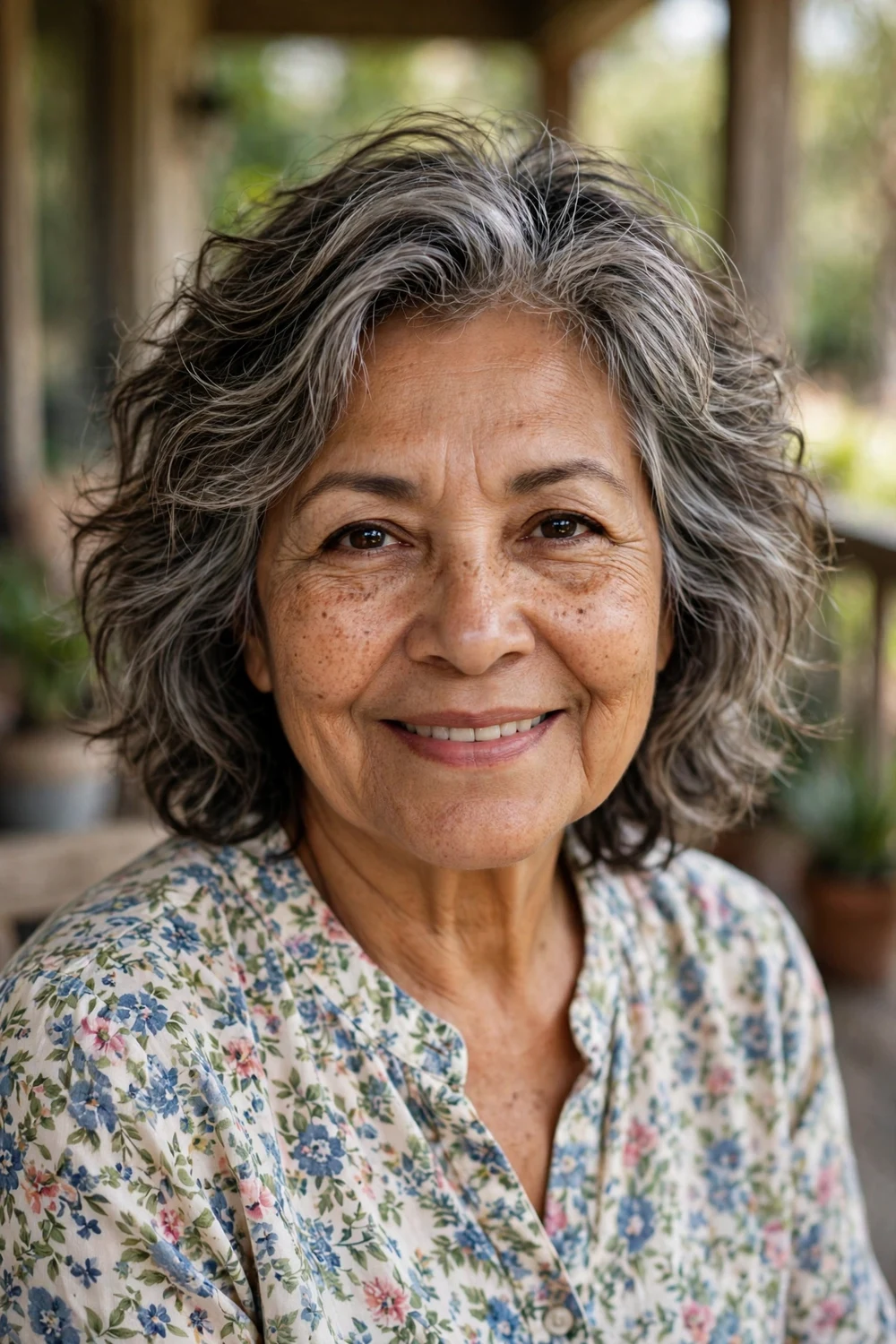 Latina woman in her early 60s with soft tousled layers in salt-and-pepper hair