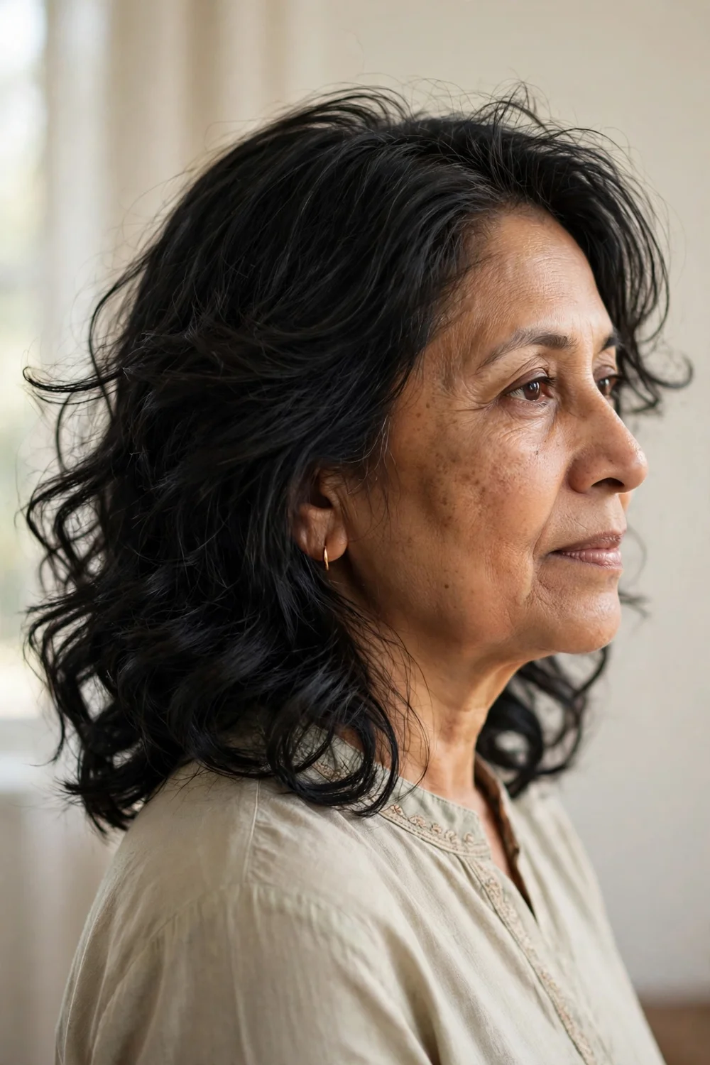 53-year-old South Asian woman with black medium-length tousled waves, side view