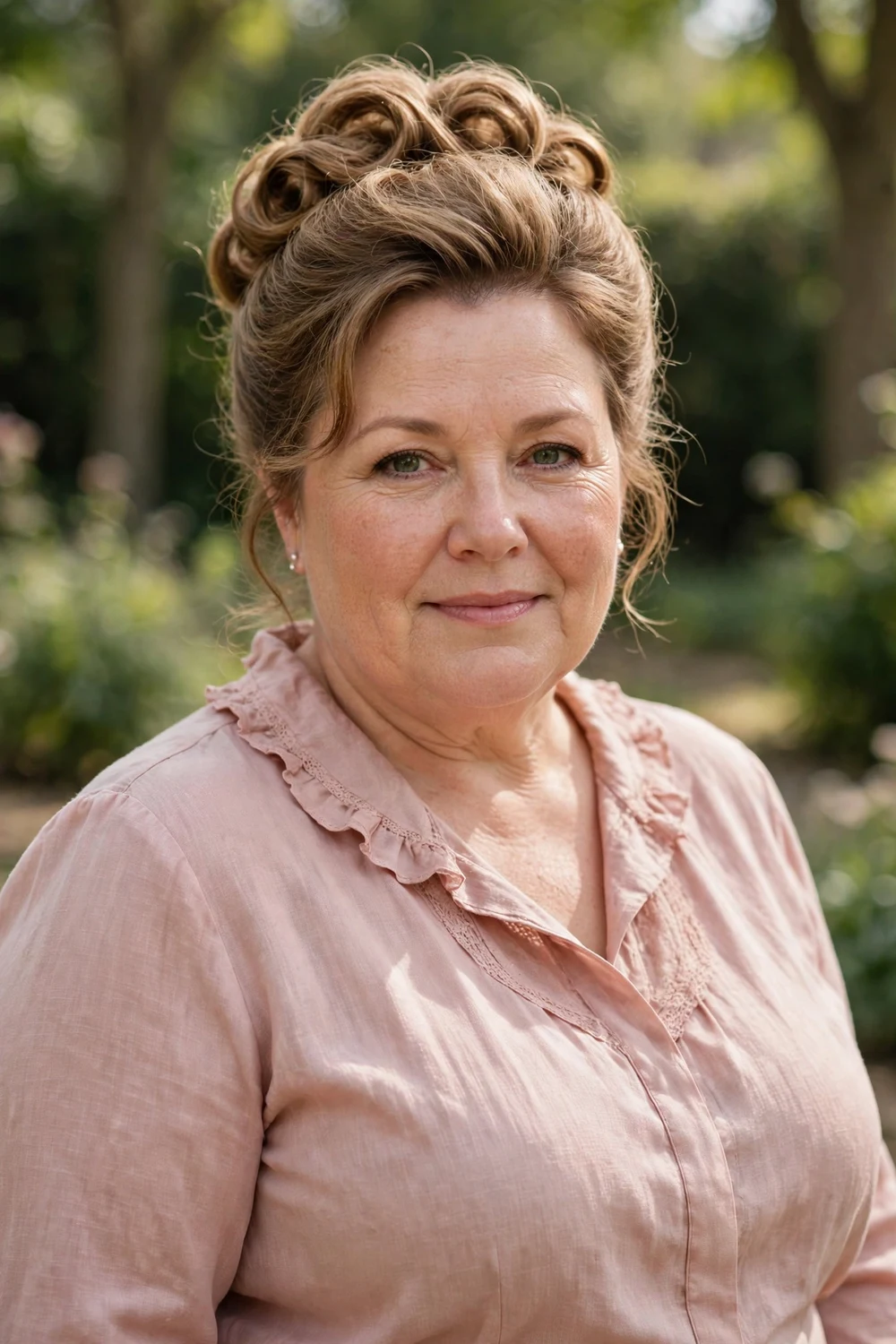 Plus-size white woman in her early 50s with a soft formal updo with height at the crown