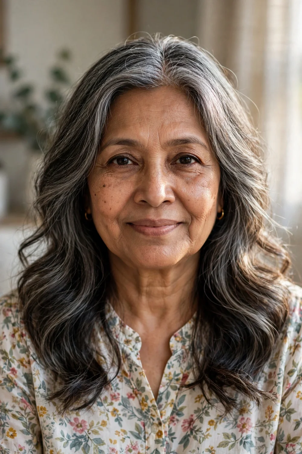 62-year-old woman with gray-blonde medium-length soft waves