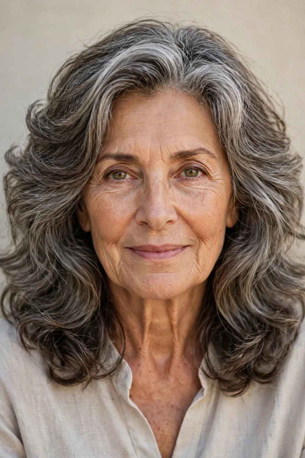 Woman in her 60s with soft waves on layered shoulder-length hair, side view