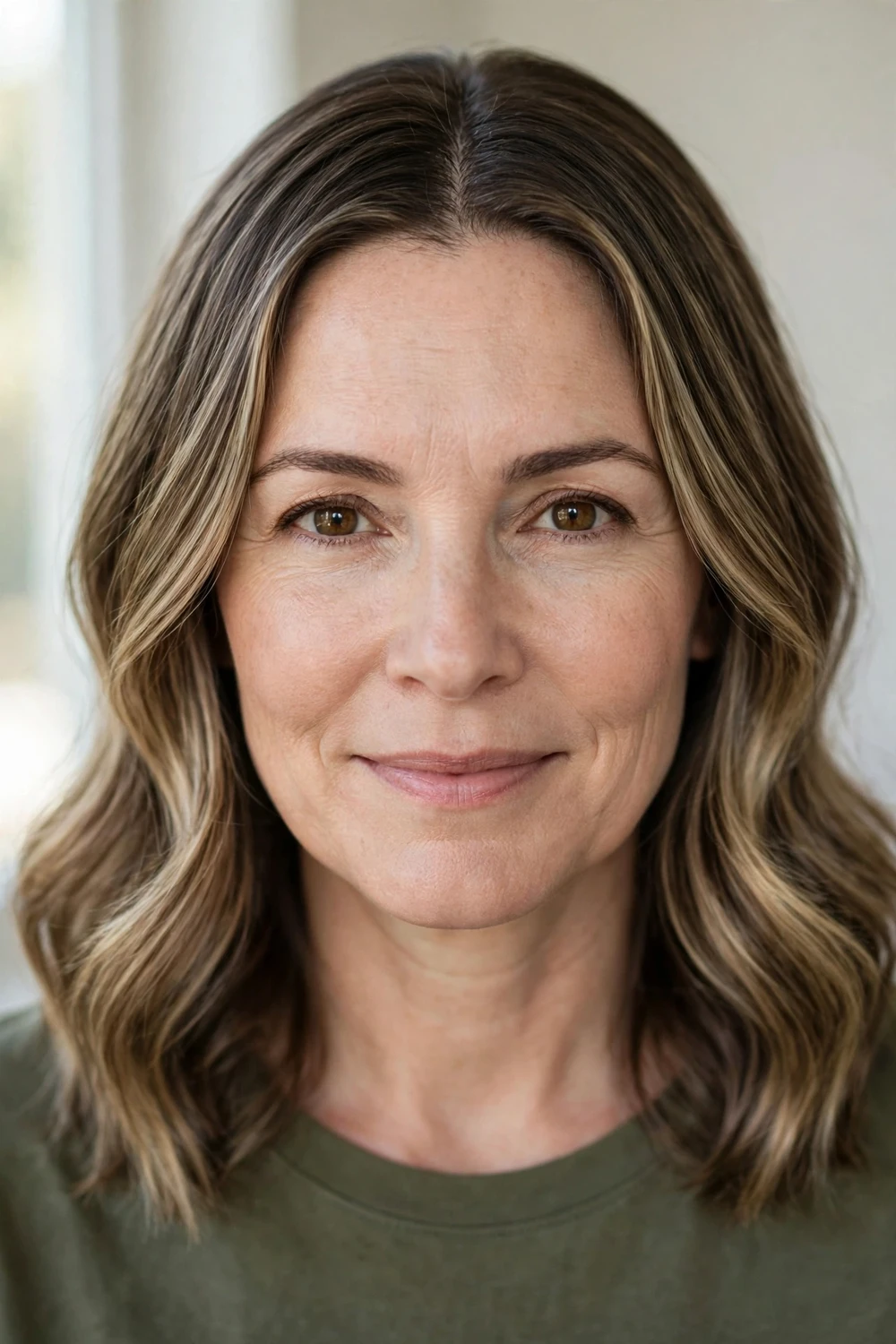 Oval-faced woman with soft waves and a middle part